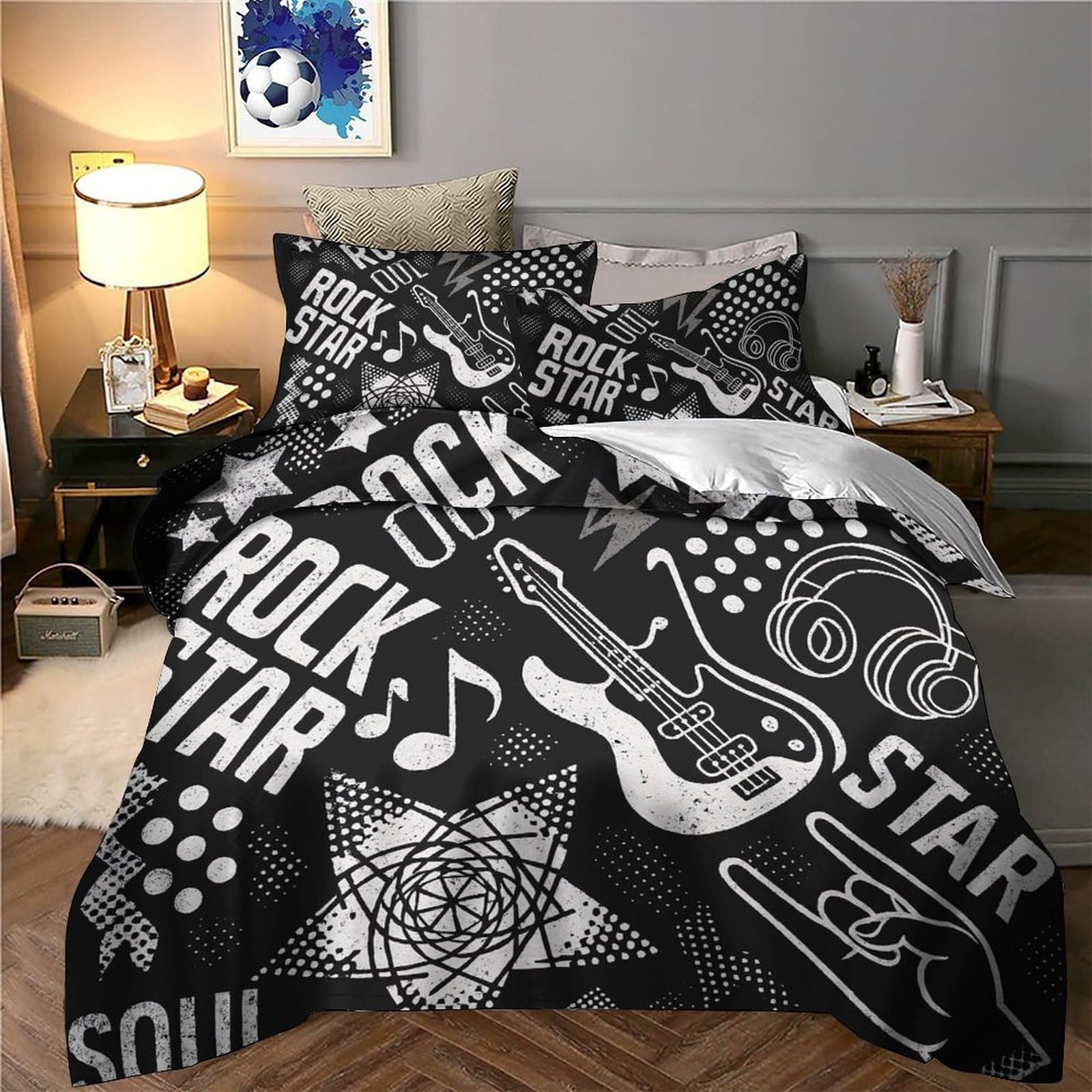 Set Copripiumino Microfibra Stampa 3D Tema Musica Rock Biancheria da Letto Decorazione Camera Morbido Traspirante per Casa Super king（260x220cm）