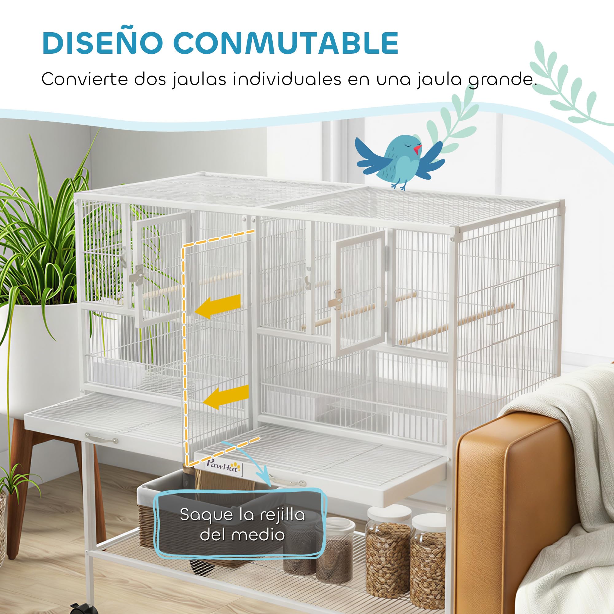 PawHut Jaula para Pájaros Grande con Divisor, Pajarera Doble con Ruedas, 4 Comederos, 4 Perchas, Estante, 2 Bandejas Extraíbles, para Periquitos, Agapornis, Canarios, 95x45,5x102 cm, Blanco
