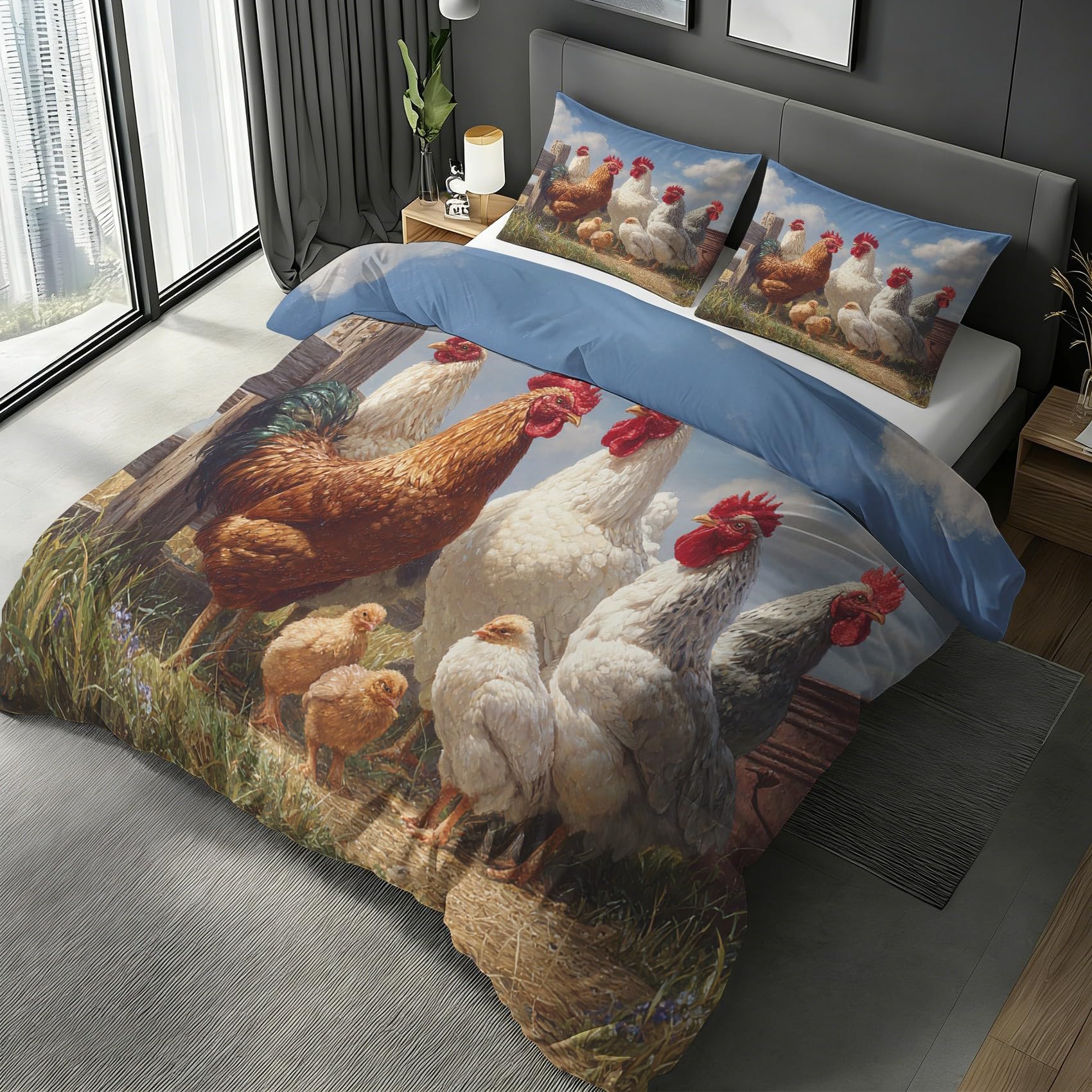 Parure de lit 2 personnes poulet microfibre douce housse de couette 160x200