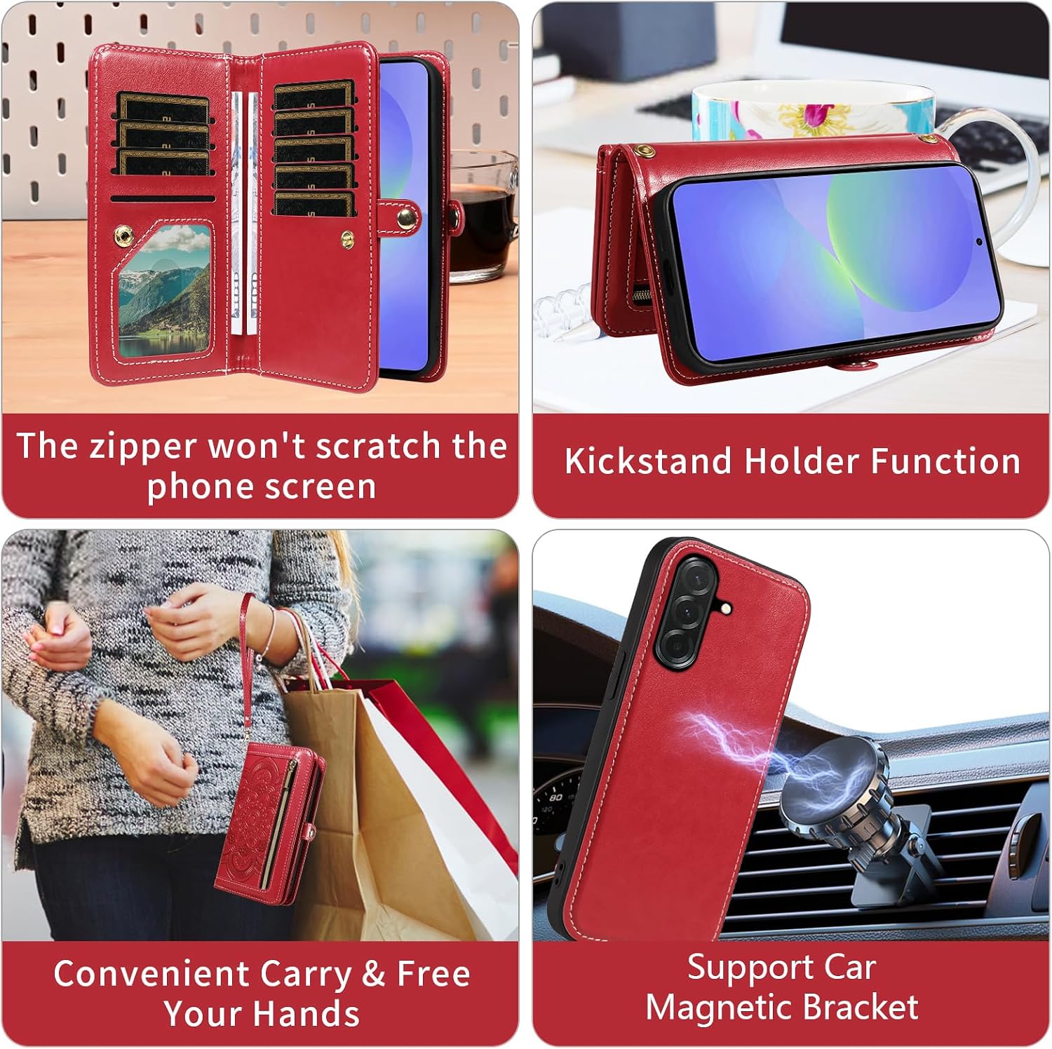 Asuwish Phone Case for Samsung Galaxy A36 5G Zipper Wallet Detachable Cell Cover with Tempered Glass Screen Protector Crossbody Wrist Strap Flower Flip Card Holder A 36 36A LTE SM-A366U Women Men Red