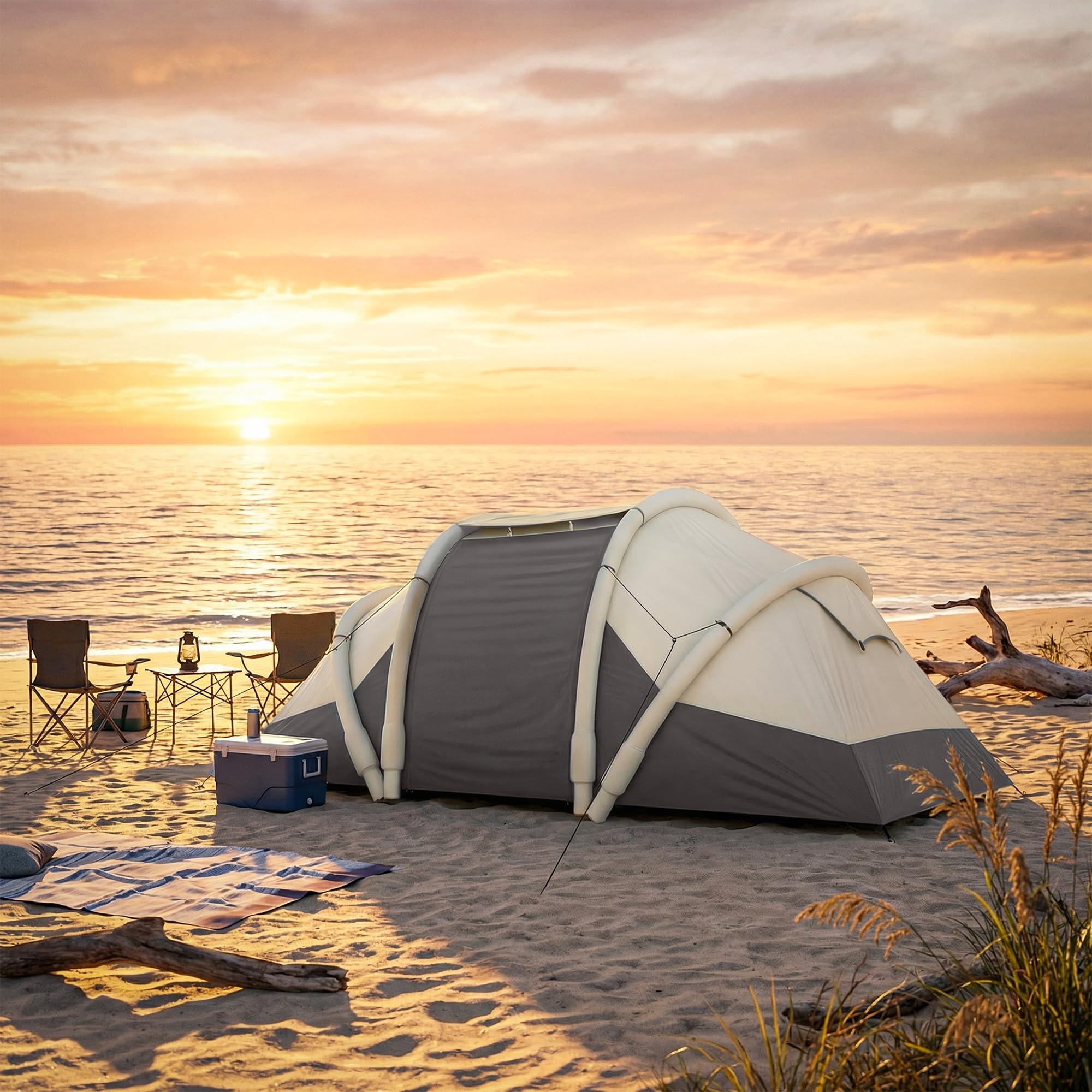 Outsunny Tente de Camping Gonflable 2-4 Personnes avec Pompe, 2 Chambres et Séjour - Tente Tunnel Familiale Imperméable 3000mm - 4,85m avec Valve de Décharge et Auvent, pour Camping, Gris