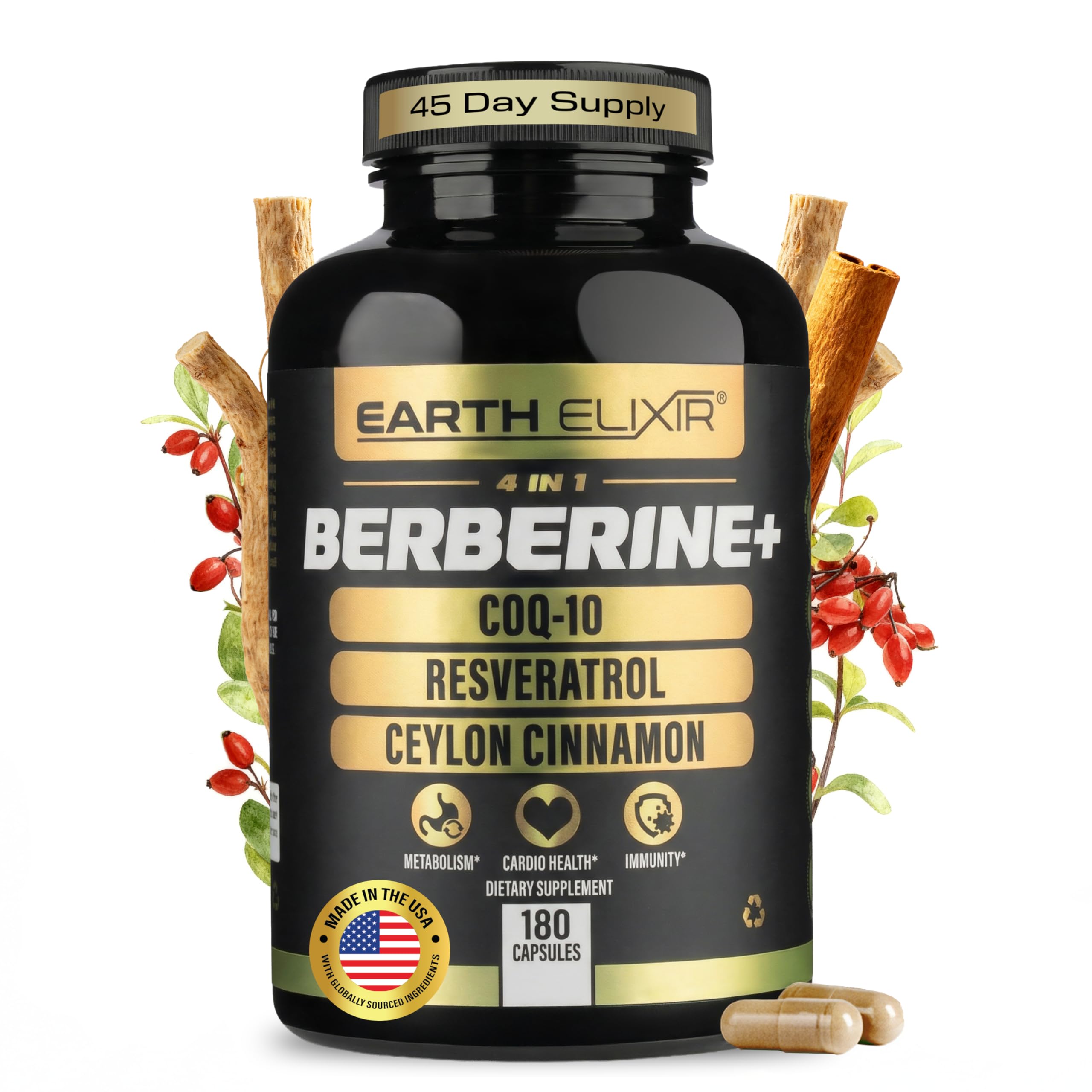 Earth Elixir 4-in-1 Berberine Supplement – Organic Berberine with Ceylon Cinnamon, CoQ10 Ubiquinol, and Resveratrol Powder – Metabolic & Cellular Energy Support, 180 Vegan Capsules