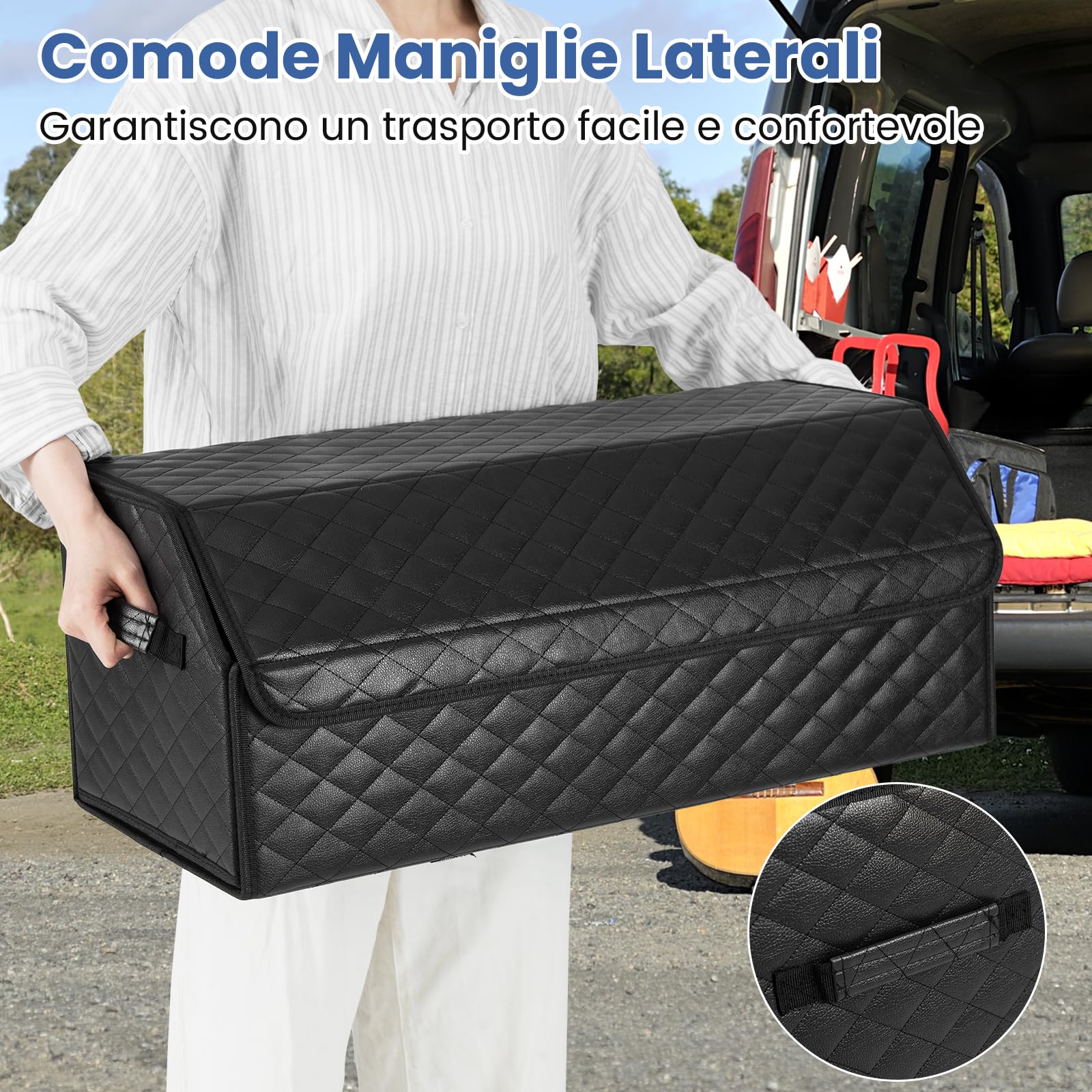 COSTWAY Organizer Bagagliaio Auto, Organizer Baule Auto in Pelle con Coperchio e Divisorio Rimovibile, 51 L, Organizzatore Pieghevole per SUV, Berlina, Campeggio e Casa (Finitura trapuntata)