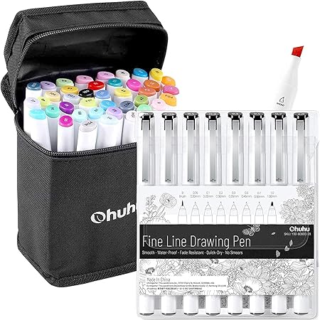Ohuhu Markers Alcohol Based Double Tipped Art Markers (Chisel & Fine)+ Fineliner Drawing Pen Set of 8 Pack Ultra Fine Line Drawing Markers