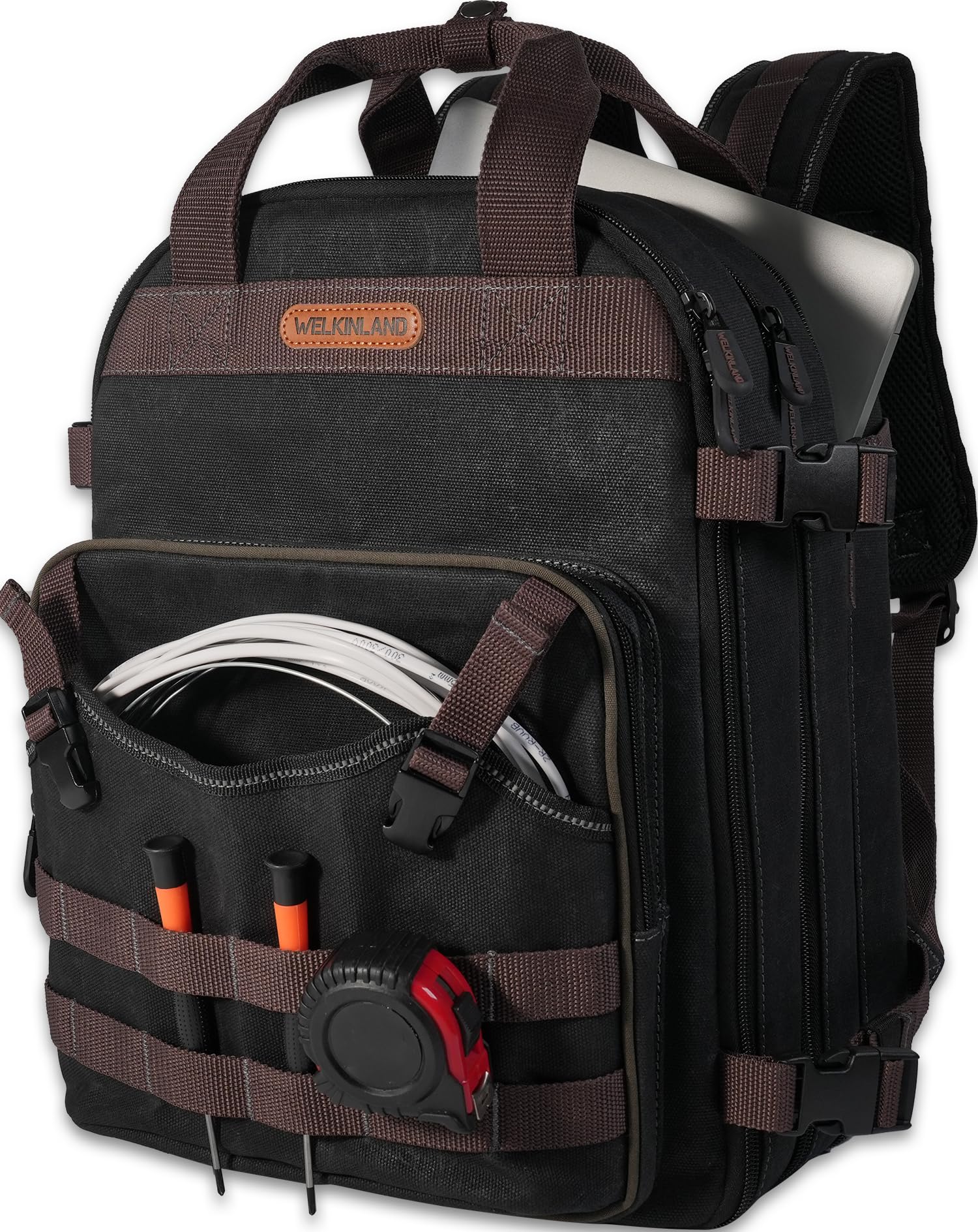 WELKINLAND 90-Pockets Electrician Backpack Wax-Canvas Tool Backpacks Heavy Duty Convenient Work Tool Back pack With Pockets