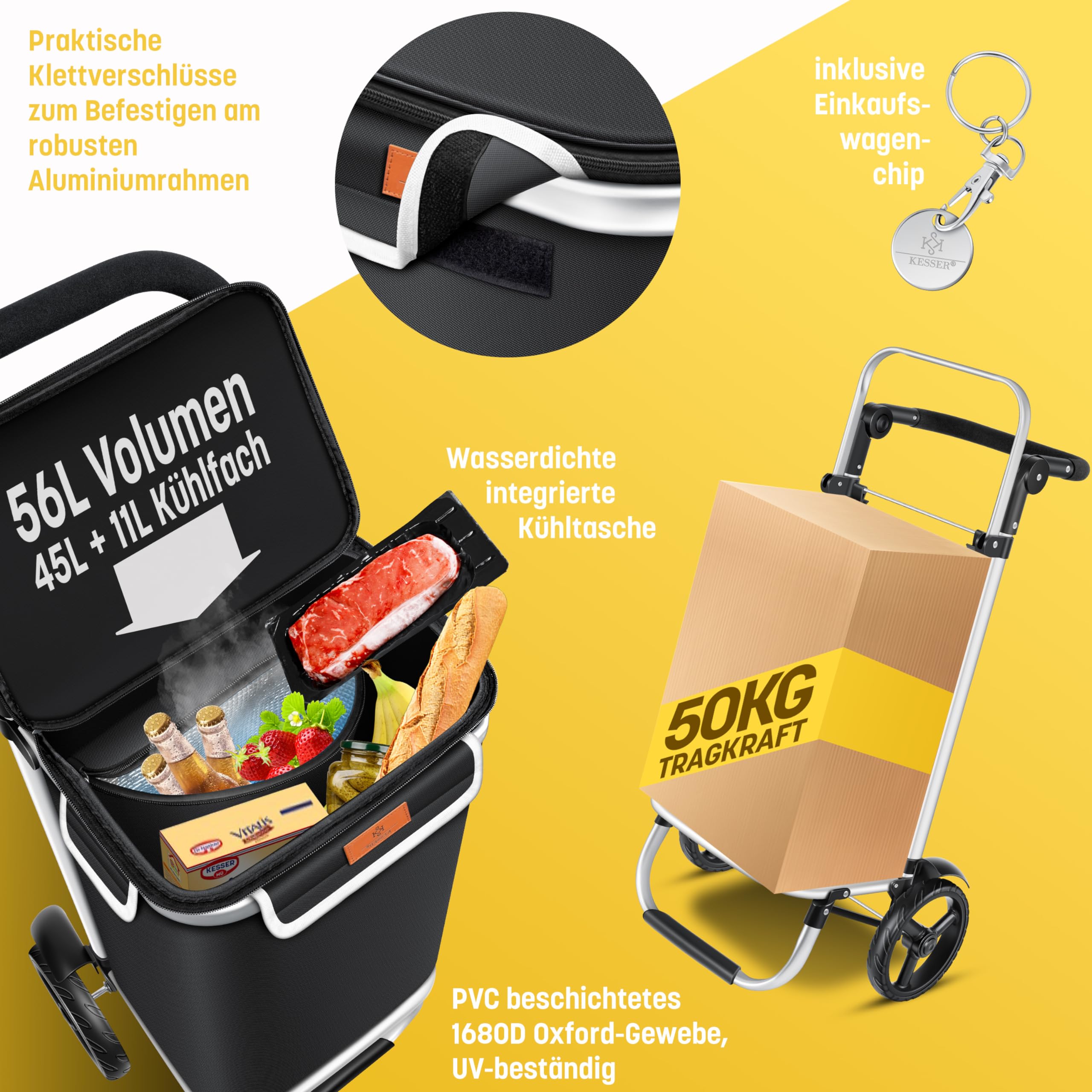KESSER® Einkaufstrolley klappbar mit 56L Kapazität und belastbar bis 50kg | 3in1 Trolley Sackkarre & Umhängetasche | Faltbarer Einkaufswagen inkl. Kühlfach & Einkaufschip | Treppensteiger Schwarz