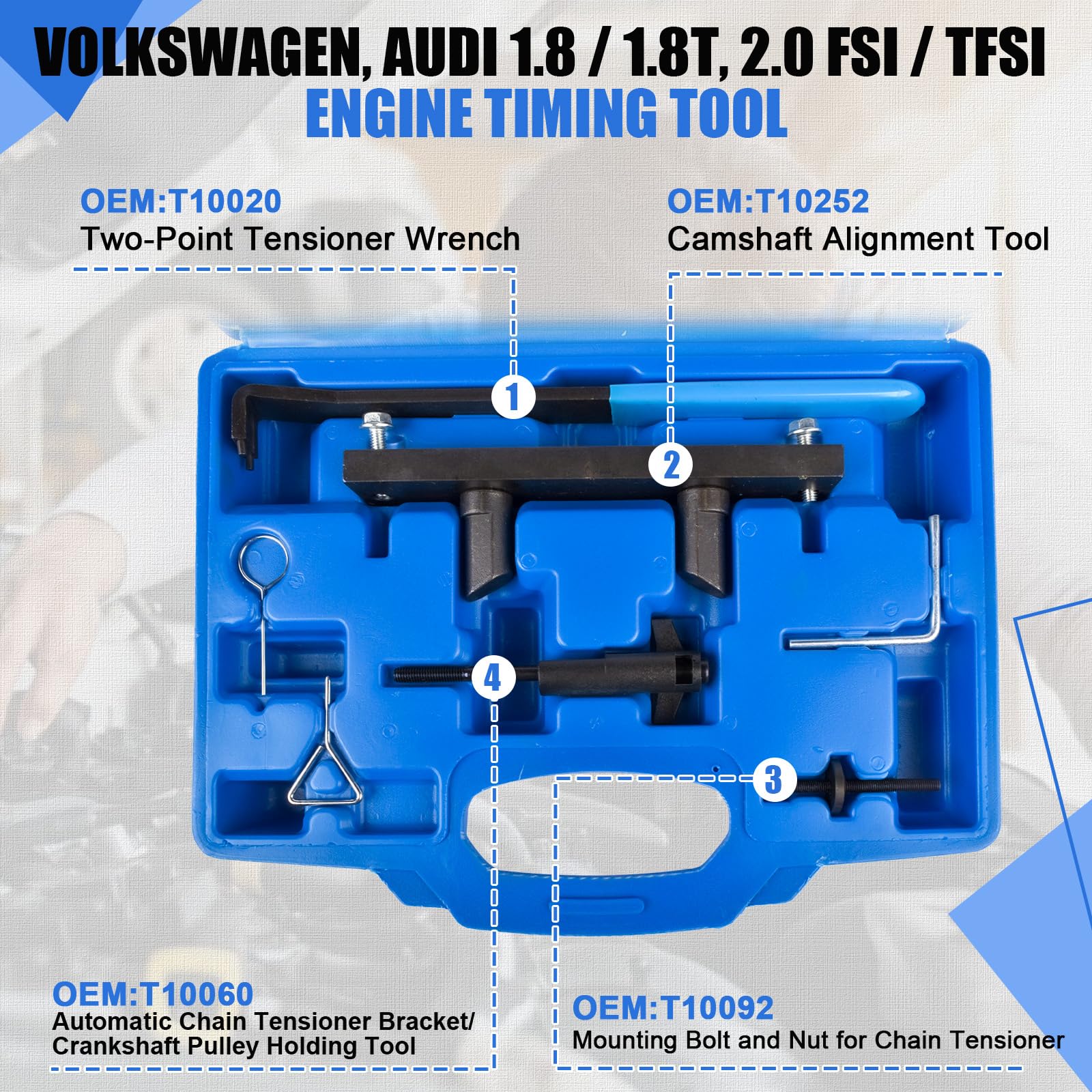 Kit Herramientas de Calado de Motor Compatible con V-W A-udi C6 A4L A6L 2.0L Turbo 2.0L FSI/TFSi BPJ CDL T10252, Herramienta Bloqueo Árbol de Levas, Calado Cigüeñal, Cambio Correa de Distribución