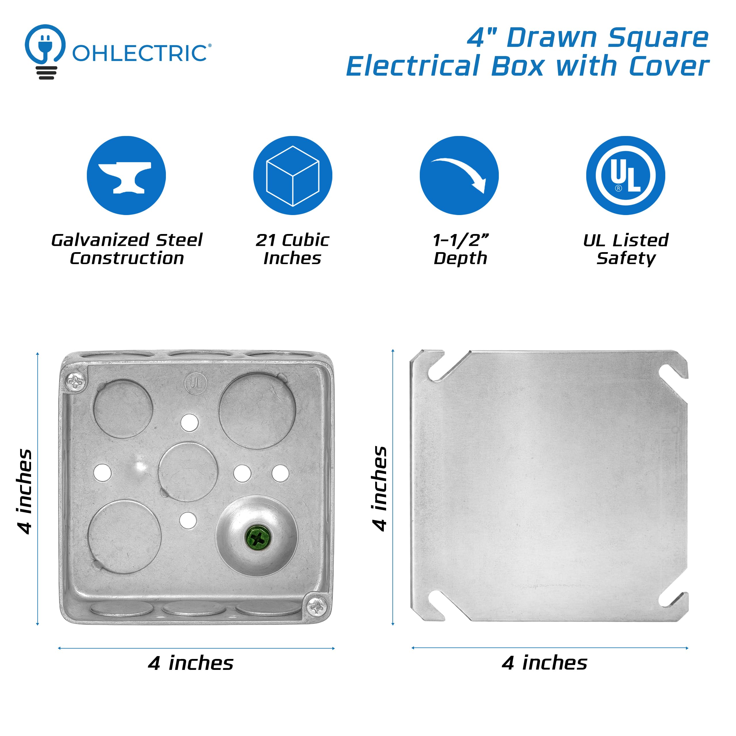 OHLECTRIC Scatole di giunzione elettriche 4x4 con coperture vuote (confezione da 10) 1-1/2 pollici di profondità, 21 Cu. in. 4 pollici, scatole di uscita in metallo resistente, confezione da 10 prese