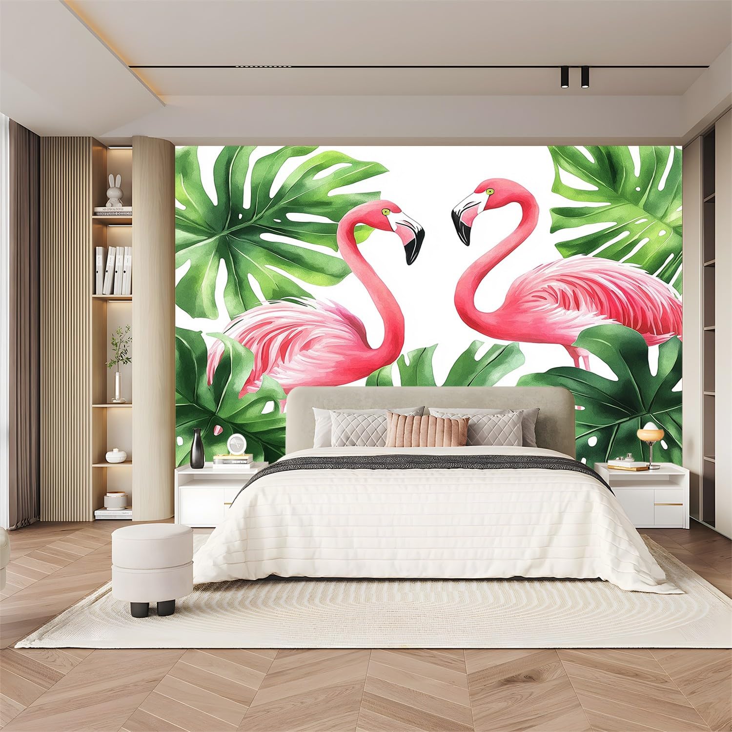 Fototapeta czerwona zielona fototapeta mural 300 x 210 cm różowe flamingi monstera liście palmowe sztuka zdjęcie mural dekoracja do salonu, sypialni, biura i pokoju dziecięcego, łatwy w instalacji
