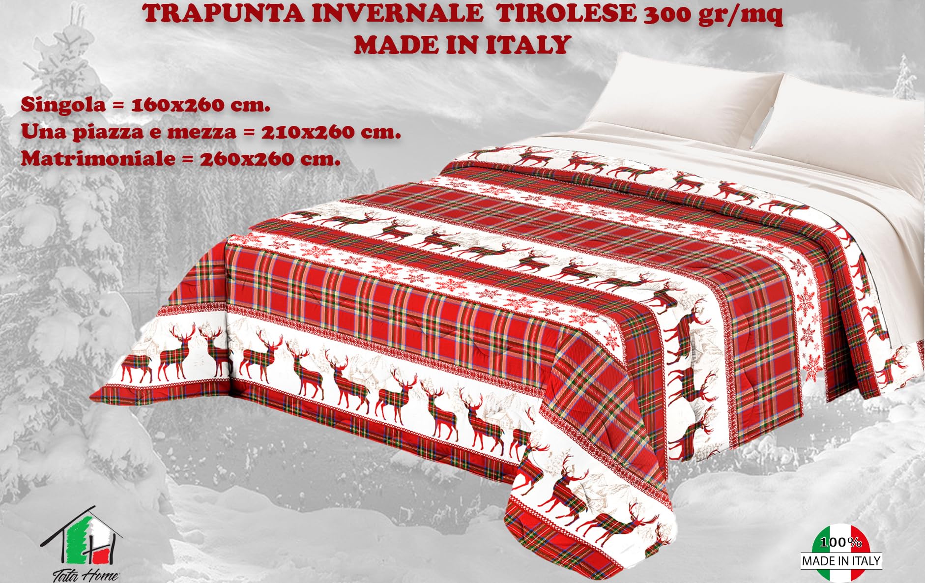 Tata Home Trapunta Invernale Matrimoniale 260x260 cm Imbottita 300 gr/mq Piumone Caldo Pesante Tirolese Made in Italy MOD. Chalet Livigno