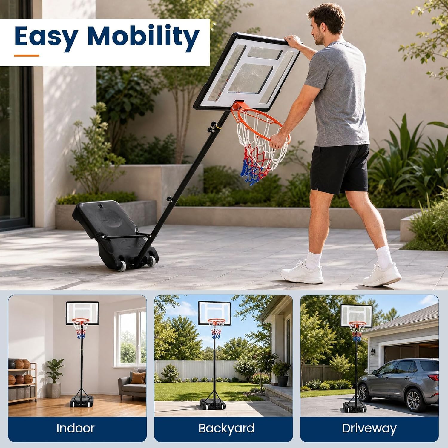 Canestro da basket portatile da 3 m e supporto con ruote, sistema professionale di porta da basket con retro infrangibile, supporto per interni ed esterni, per bambini e adulti