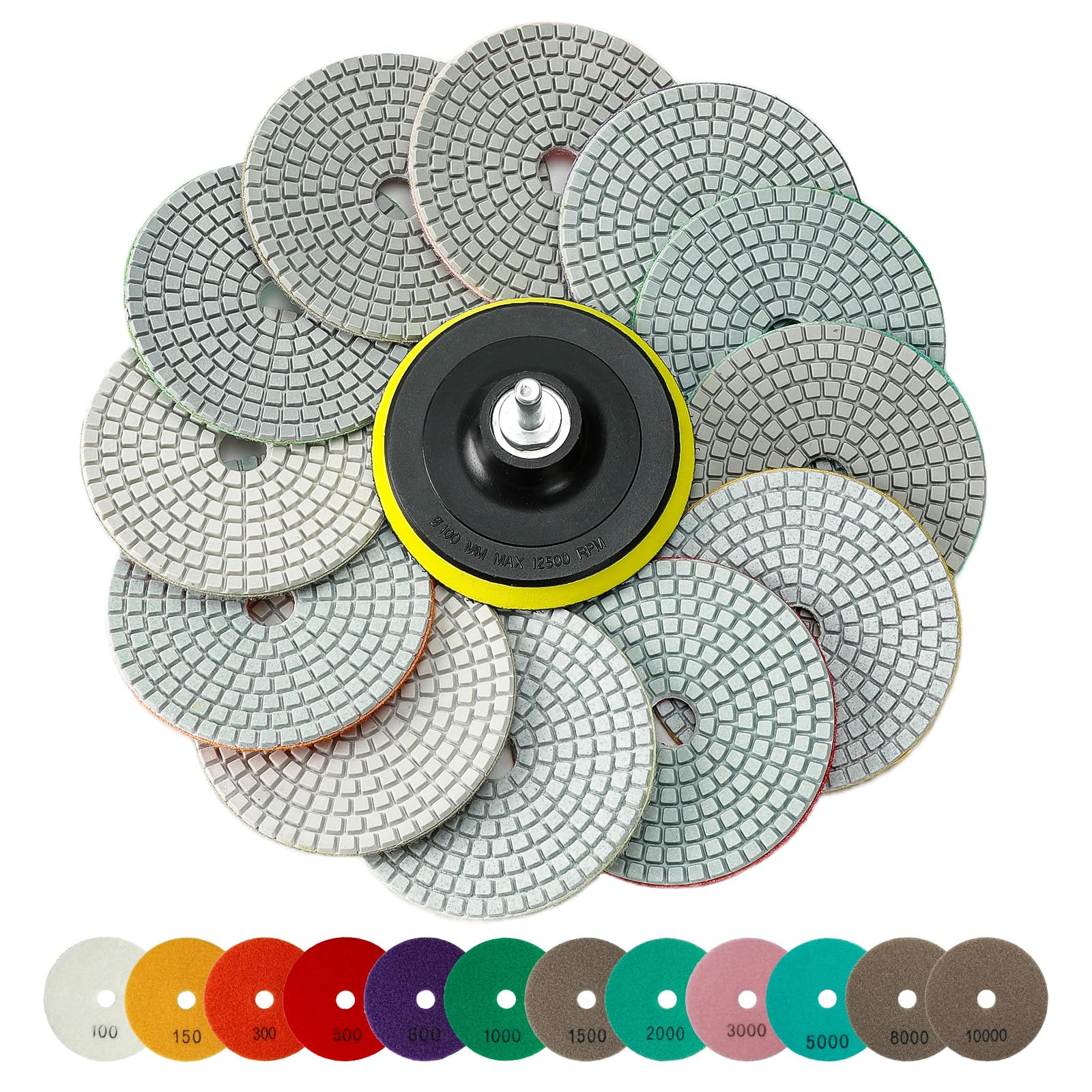 14-Piece Diamond Polishing Pads Set, Wet/Dry Quartz Polishing Kit, Granite, Stone, Concrete, Marble, Tile Polishing Pads for Grinder, 4-Inch, 100-