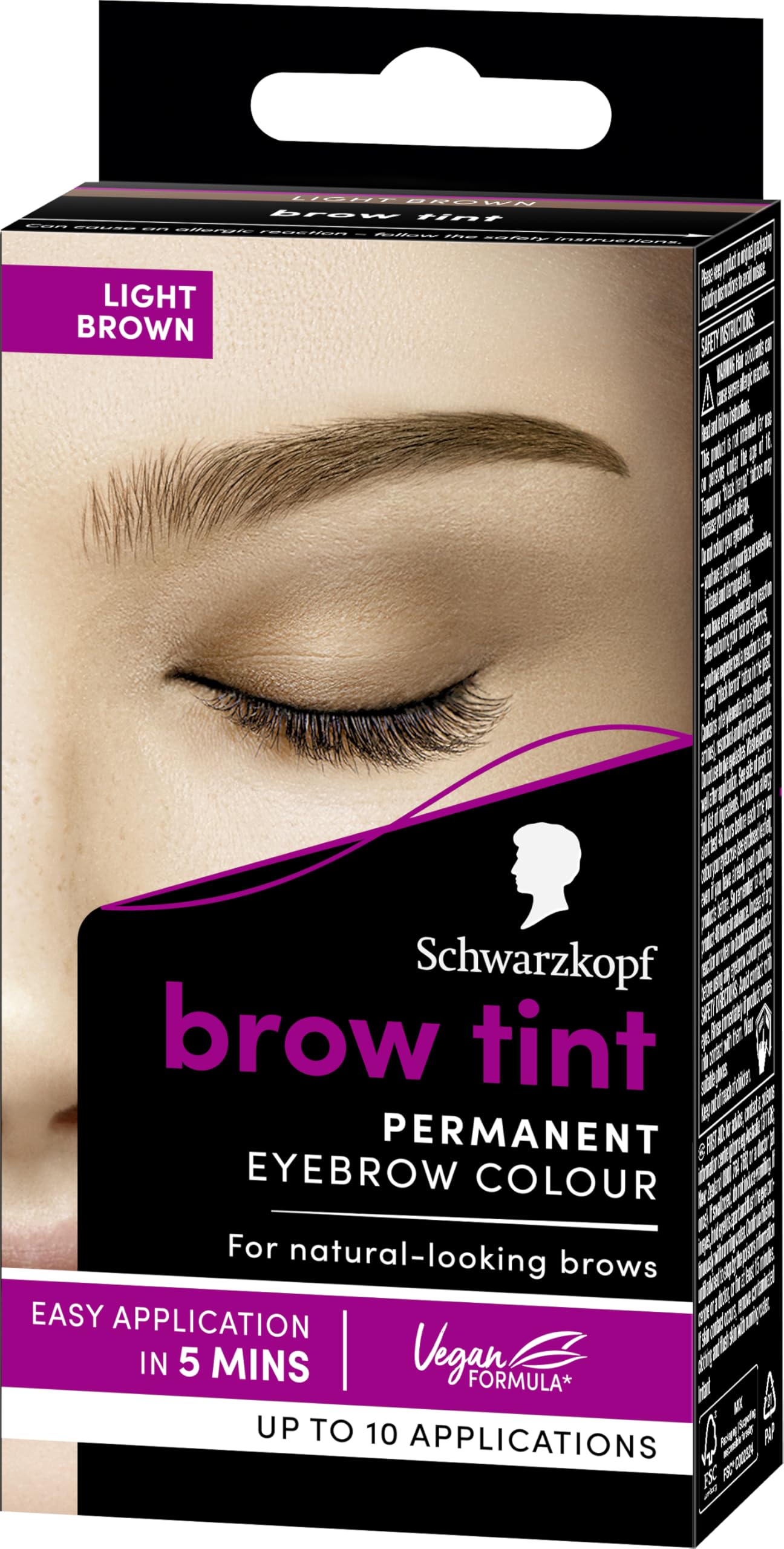 Schwarzkopf Brow Tint Light Brown, Permanent Eyebrow Colour for up to 10 Applications, Lasts up to 4 Weeks and Covers Grey Hairs, Waterproof & Smudge-proof, Vegan Formula, 10 ml