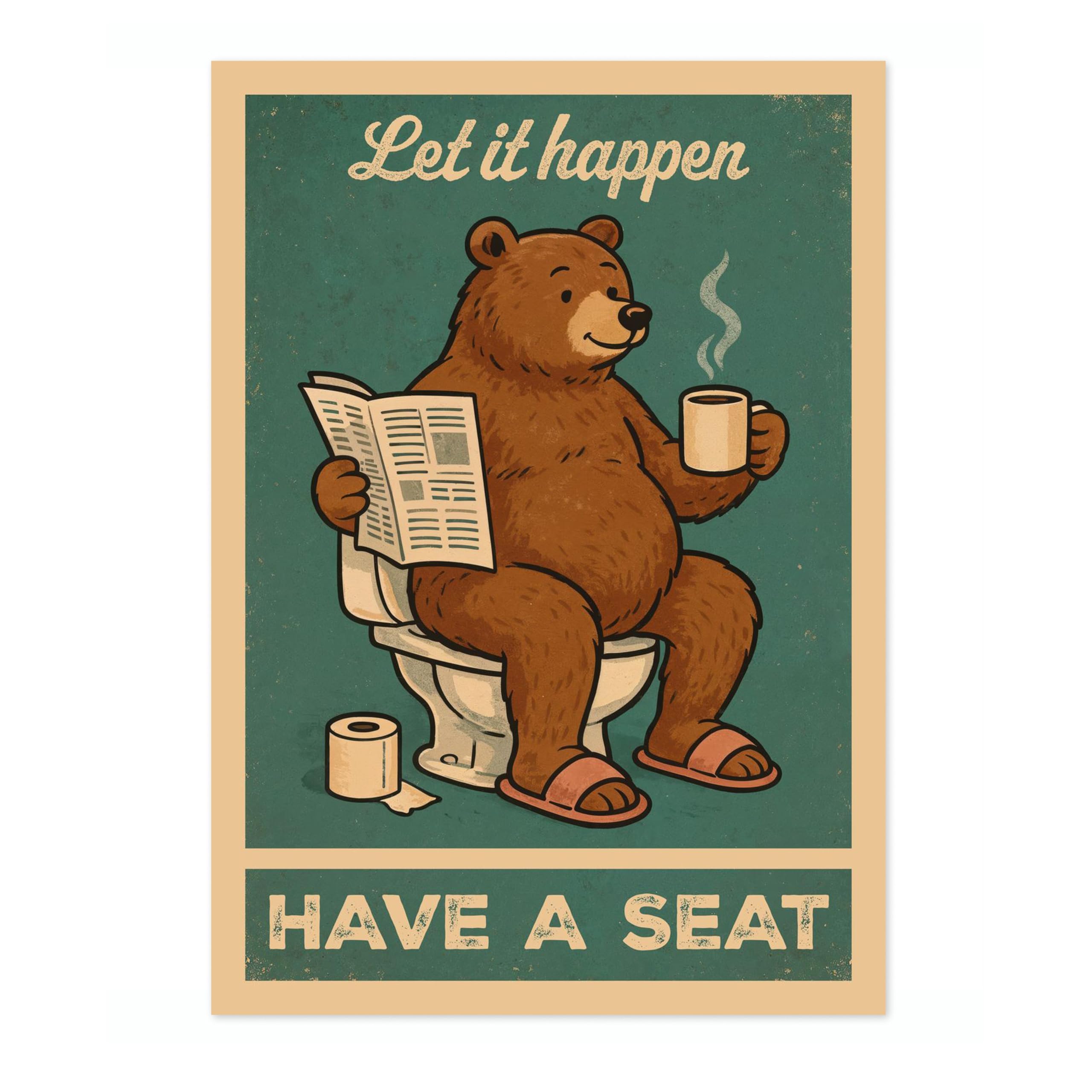 Let It Happen Bear Poster, Retro Animal Bathroom Print, Comedy Toilet Wall Art, A1 (Print Only) - 84.1x59.4cm โ image 1