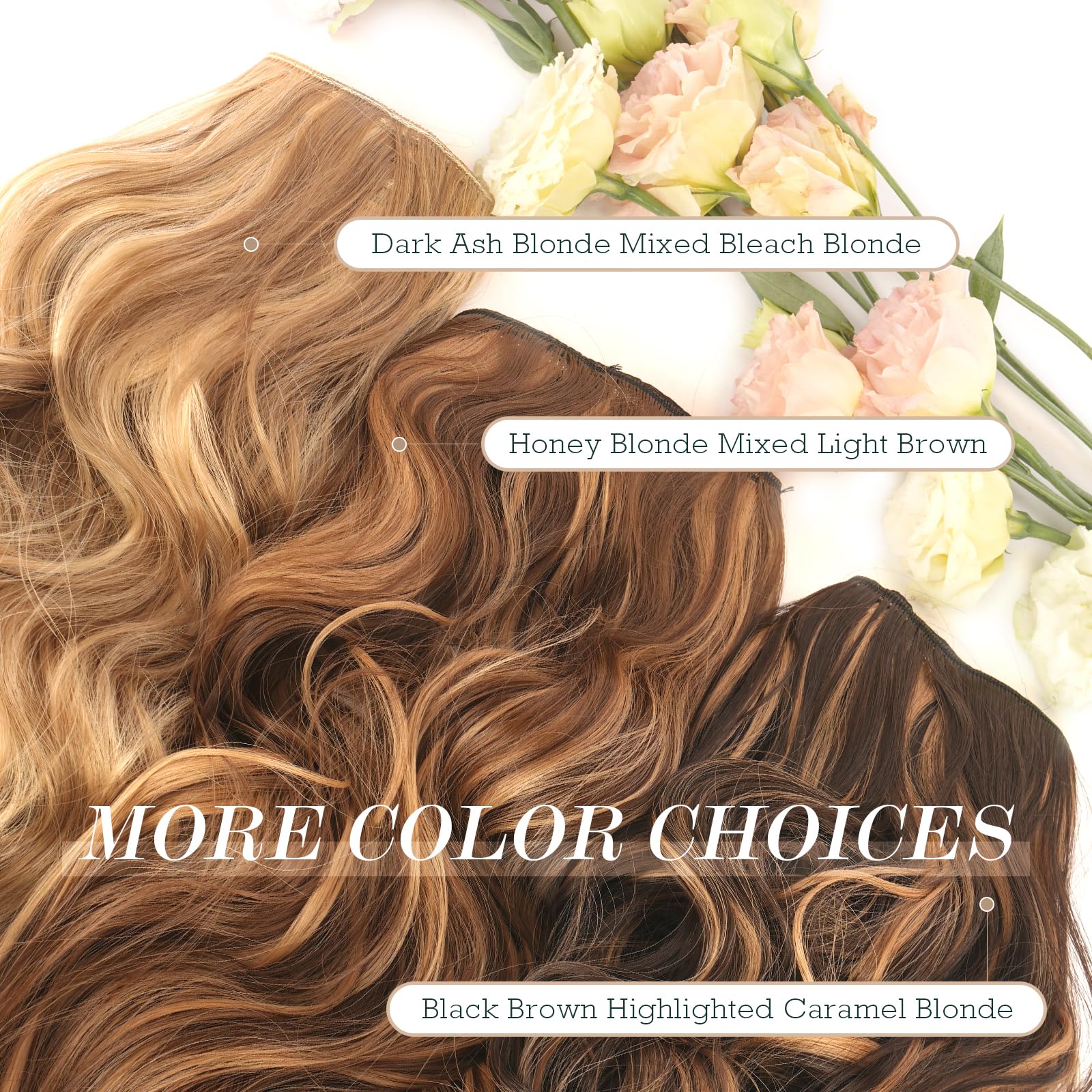 FESHFEN Extensiones Hilo Invisible Largo Ondulado Rizado Secret Extensión Invisible de Pelo sin Clips Sintética Postizos para Mujer, Rubio Miel Mixto Castaño Claro 50 cm