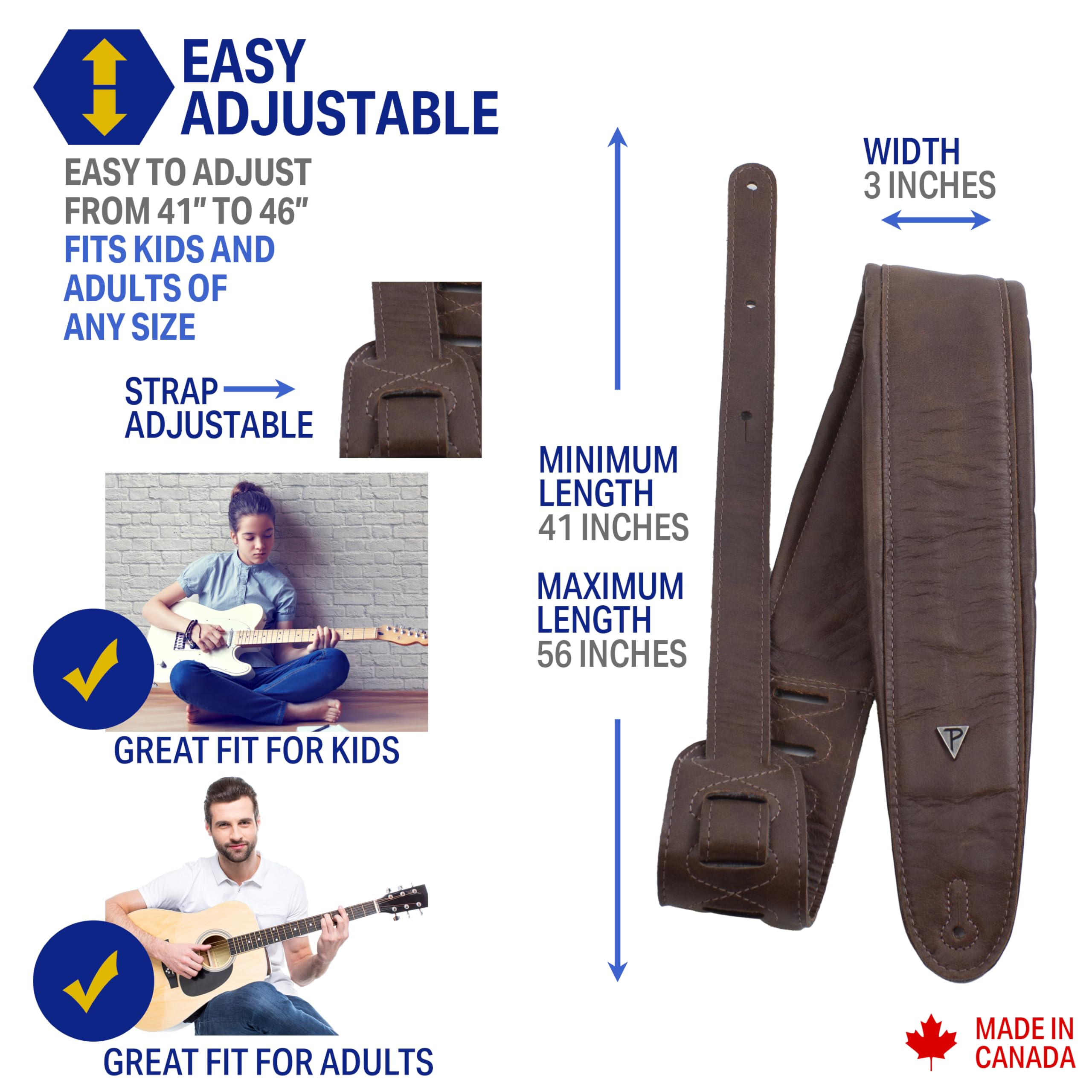 Perri's Leathers Ltd. – Correa de guitarra de cuero acolchada – Longitud ajustable – Para guitarras eléctricas, acústicas y bajos – Marrón trufa – Hecho en Canadá