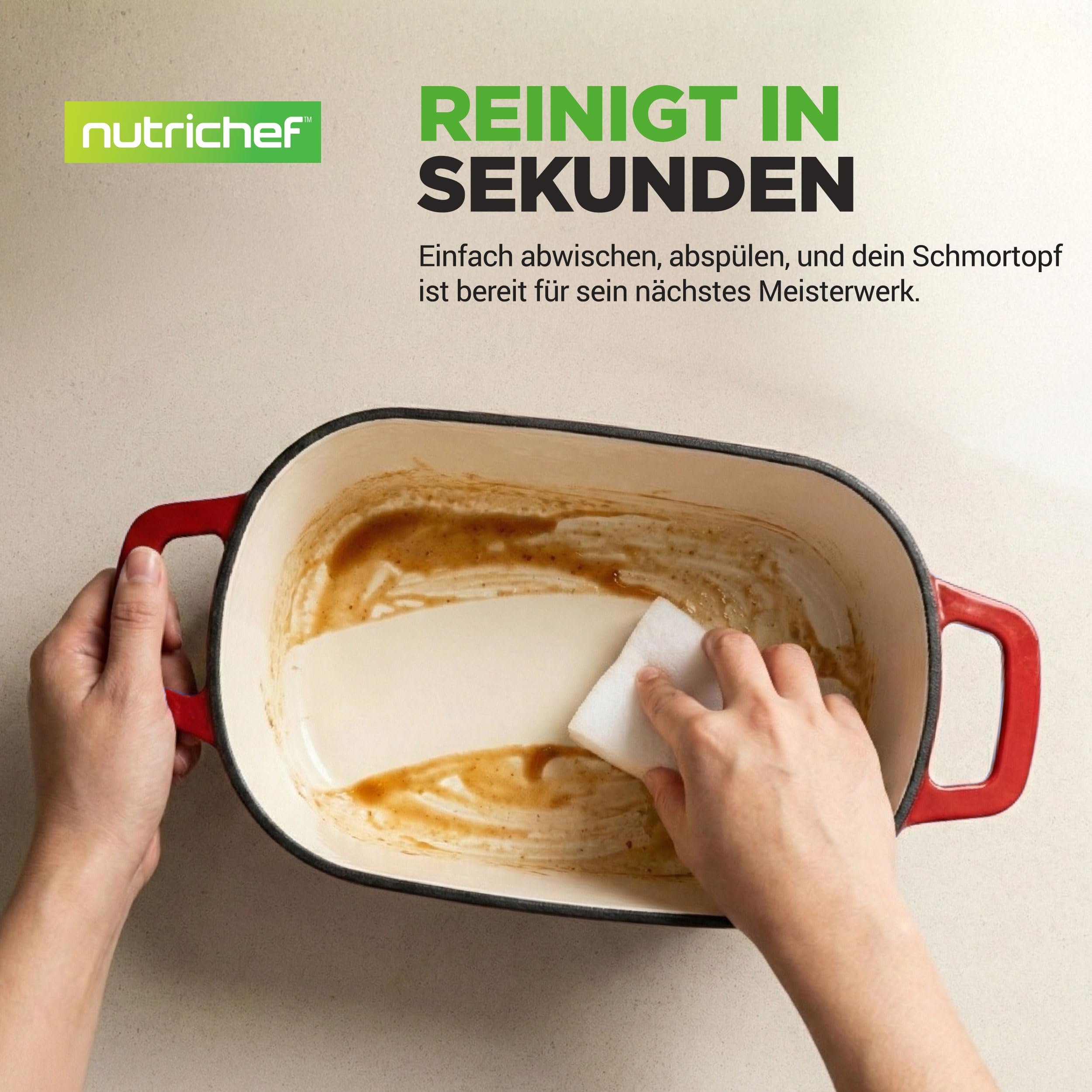 NutriChef Gusseisen Topf - Brotbacktopf - mit Deckel - 25,4 cm ovaler Brottopf mit Silikonhandschuhen - zum Backen Braten Schmoren und mehr - Spülmaschinenfest, Rot