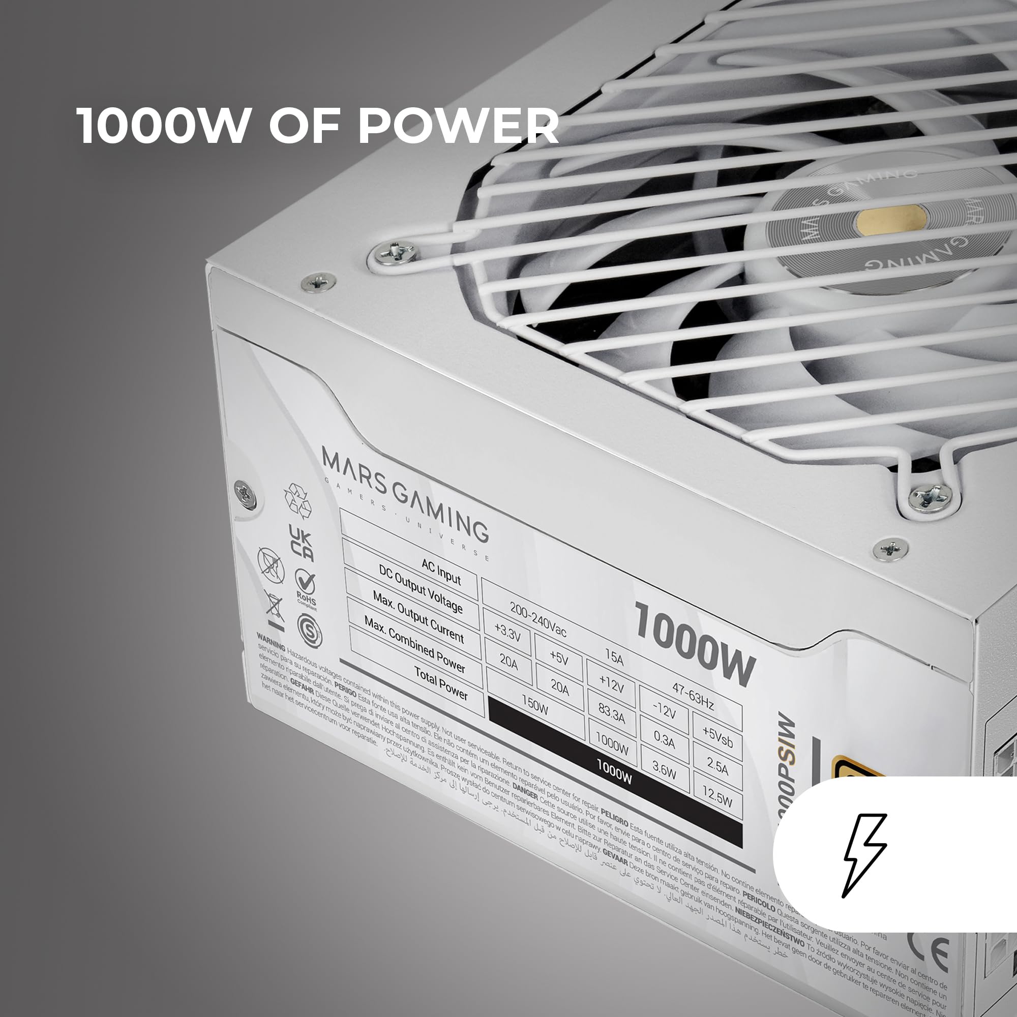 MARS GAMING MPB1000PSI, Alimentatore Full Modulabile ATX 1000W, 10 Anni di Garanzia, 80Plus Gold 90%, Ventola SI 140mm, Tecnologie AI2-RPM, DC-DC e SMD, ATX 3.1 e PCIe 5.1, Connettore 12V 2x6, Bianco
