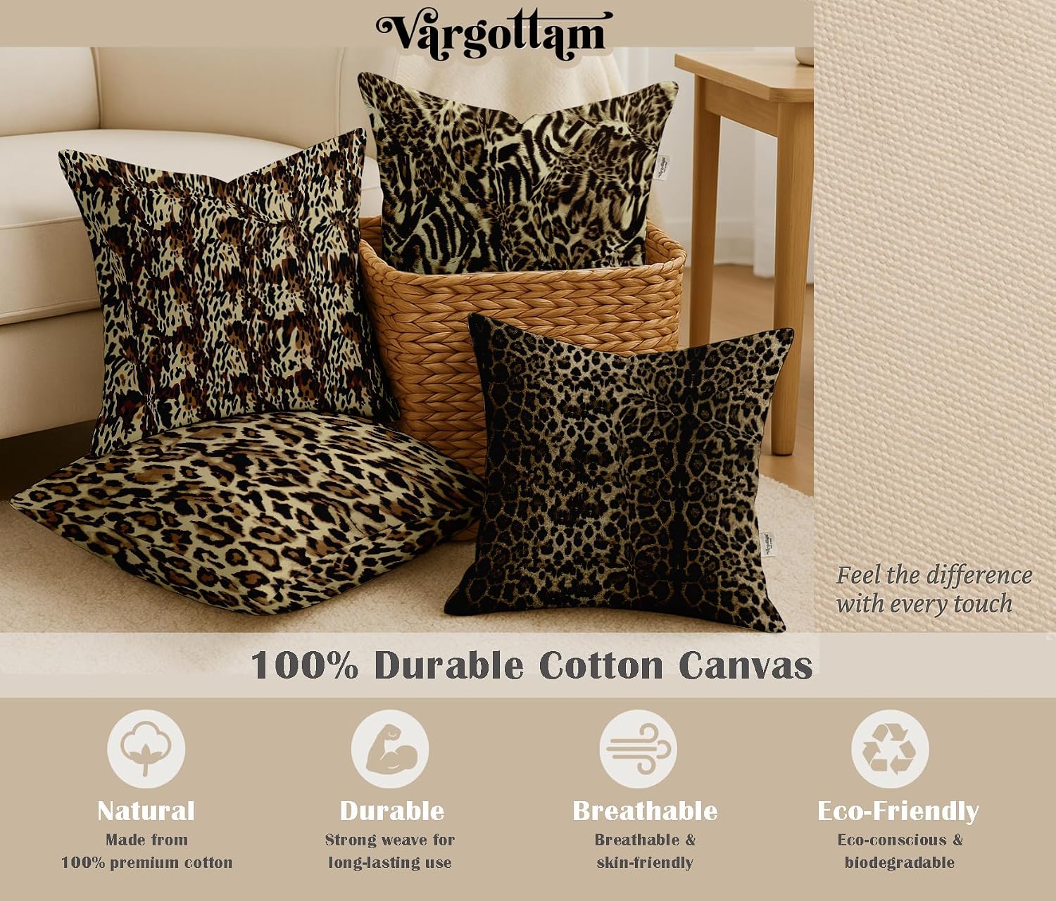 Cotton Cushion Covers Set of 4-16x16 Inch, Animal Skin Print, Double-Sided Printed Throw Pillow Covers with Hidden Zipper - No Filler - Black