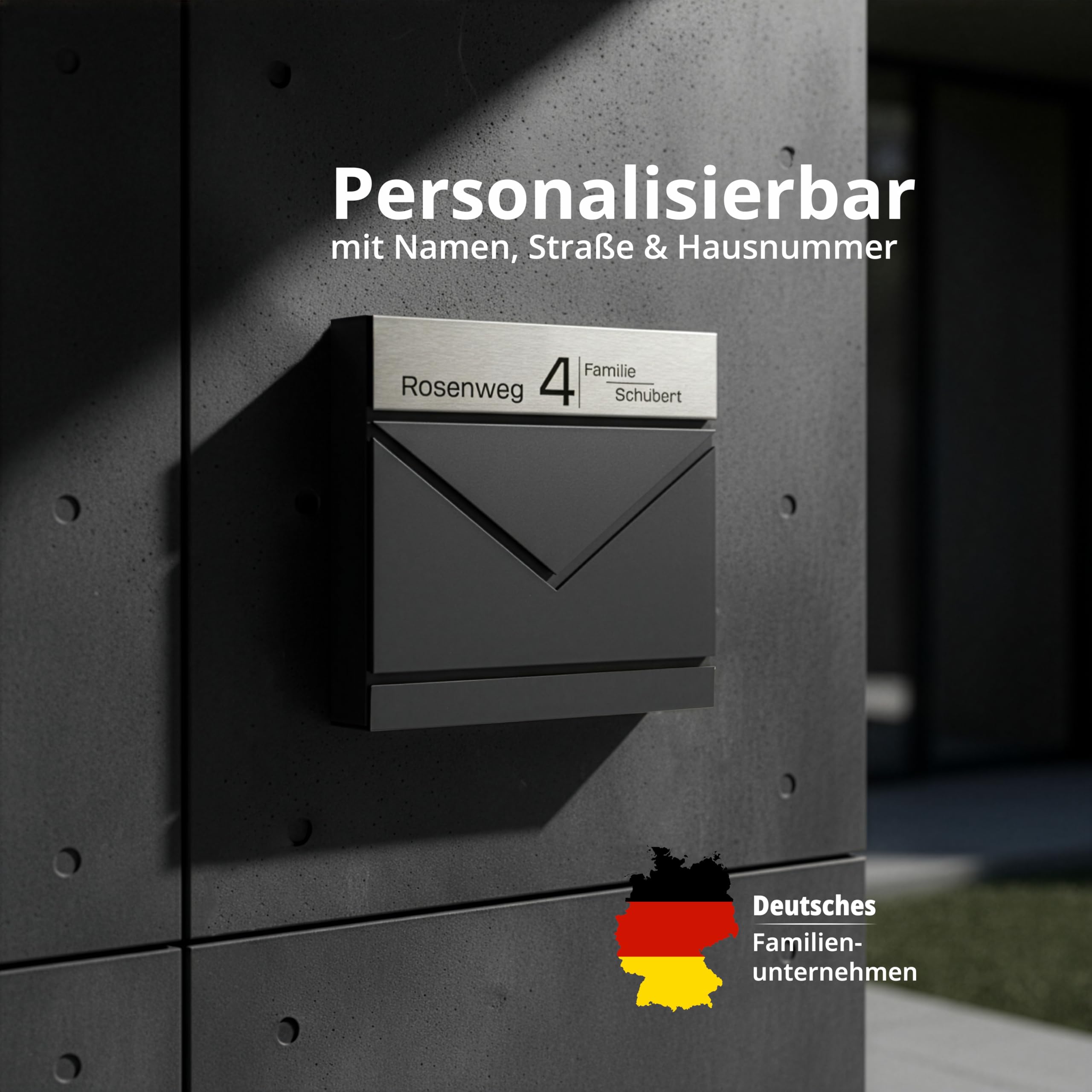 Grafner Premium Briefkasten personalisiert, RAL7016 mit Zeitungsfach und 2 Schlüssel, moderner Postkasten mit Name Straße Hausnummer, anthrazitgrau Wandbriefkasten graviert, mit Montagematerial