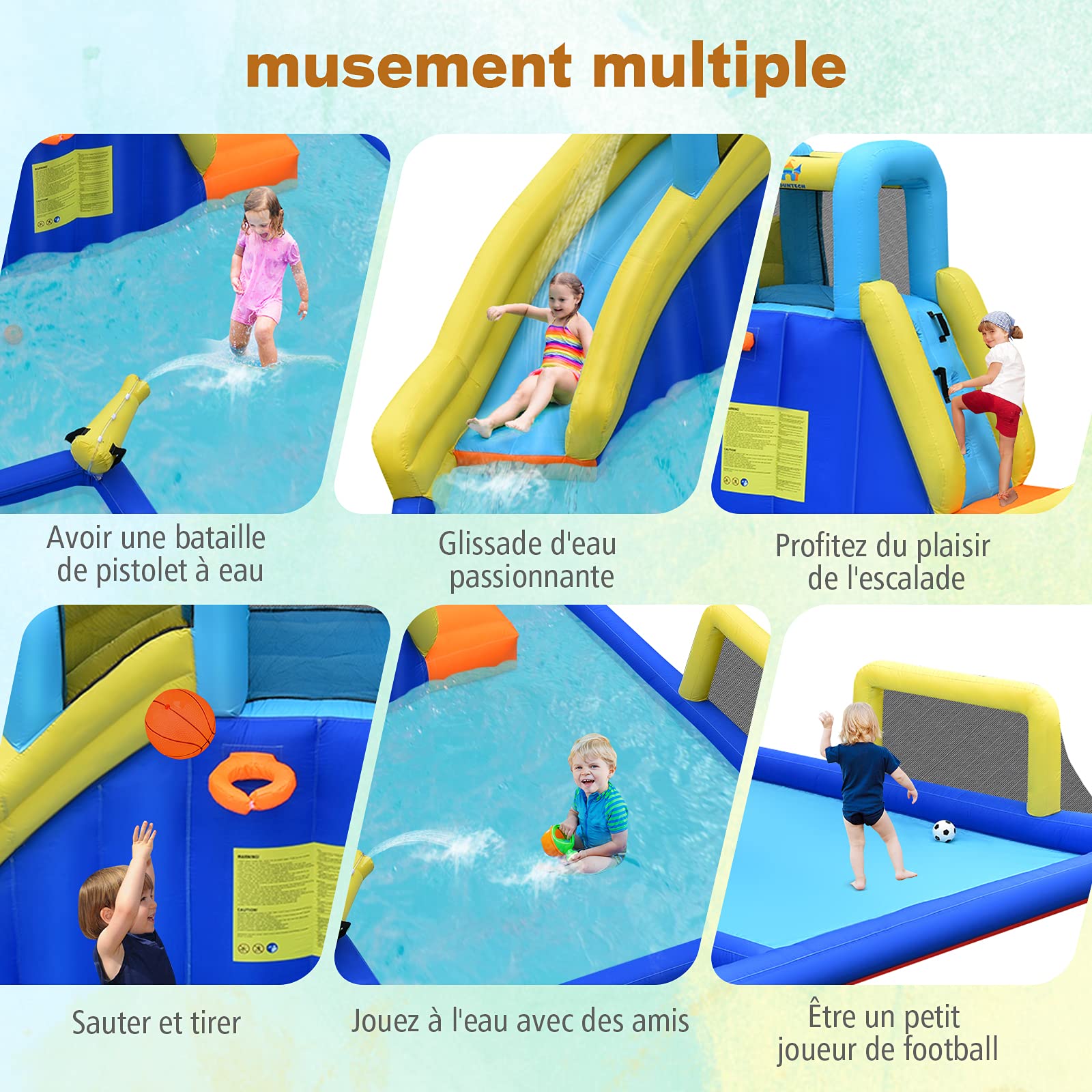 COSTWAY Château Gonflable 6 En 1 Avec Toboggan, Piscine à Balles Et Souffleur - 330x300x210cm
