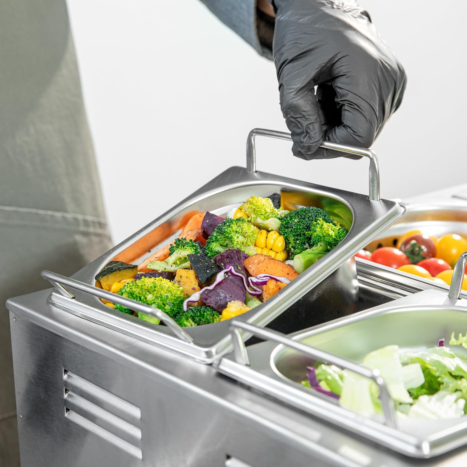 Restaurantware Met Lux 7 Inch x 6.4 Inch x 2.5 Inch Steam Table Pan 1 One Sixth Hotel Pan - Anti-Jam Deep Silver Stainless Steel Table Pan With Collapsible Handles For Parties Or Events