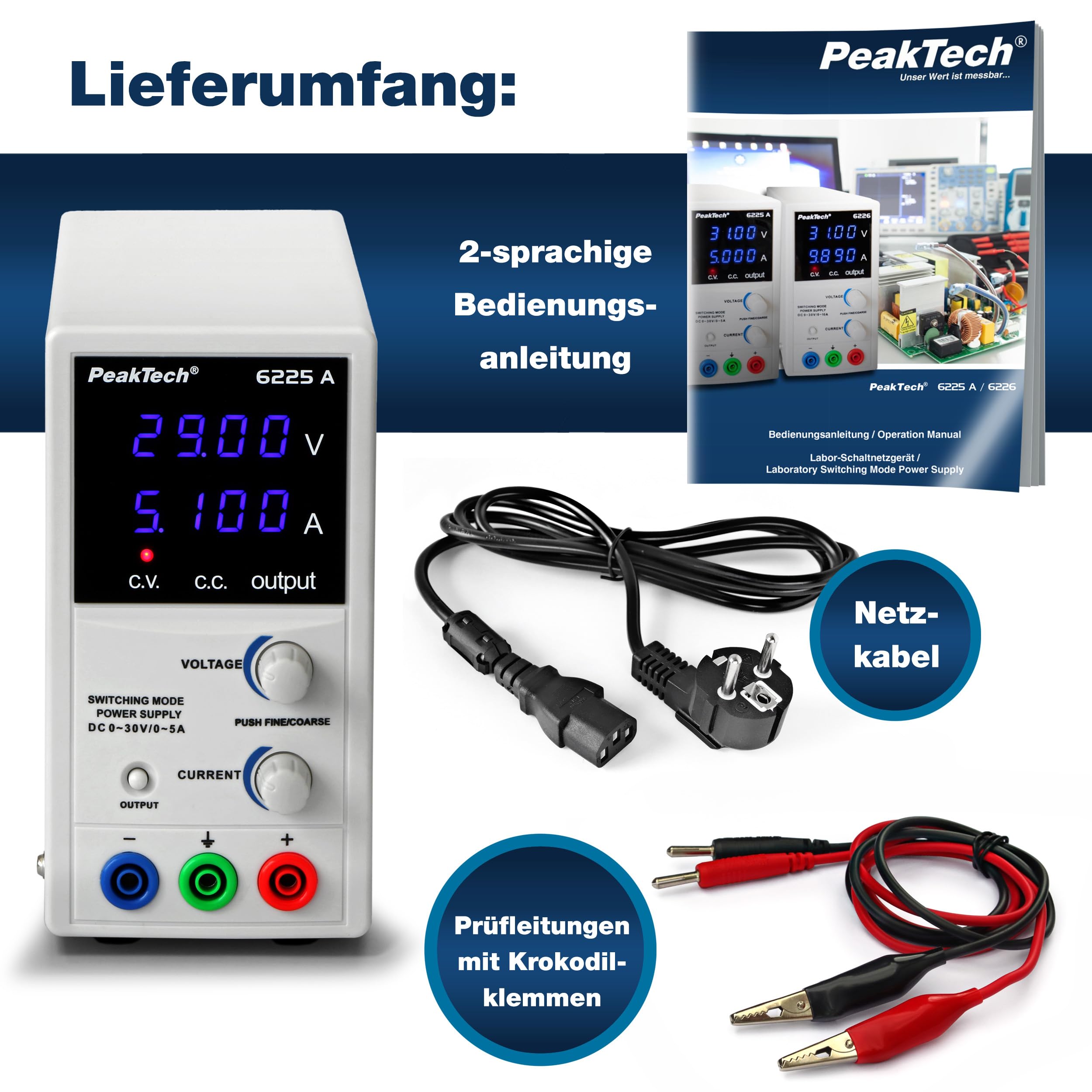 PeakTech P 6225 A - Zasilacz impulsowy prądu stałego ~ 0-30 V / 0-5 A ~ regulacja zgrubna/dokładna