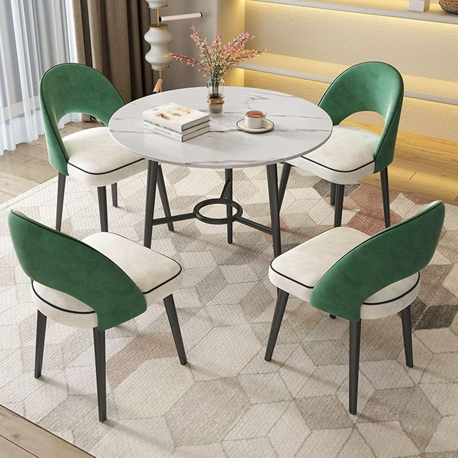 Office Reception Room Club Table and Chair Set, Marble Round Table and PU Backrest Chair Sets 5-Piece, Coffee Table and Chair Set, 80 Cm Negotiation Table (Black One Size)