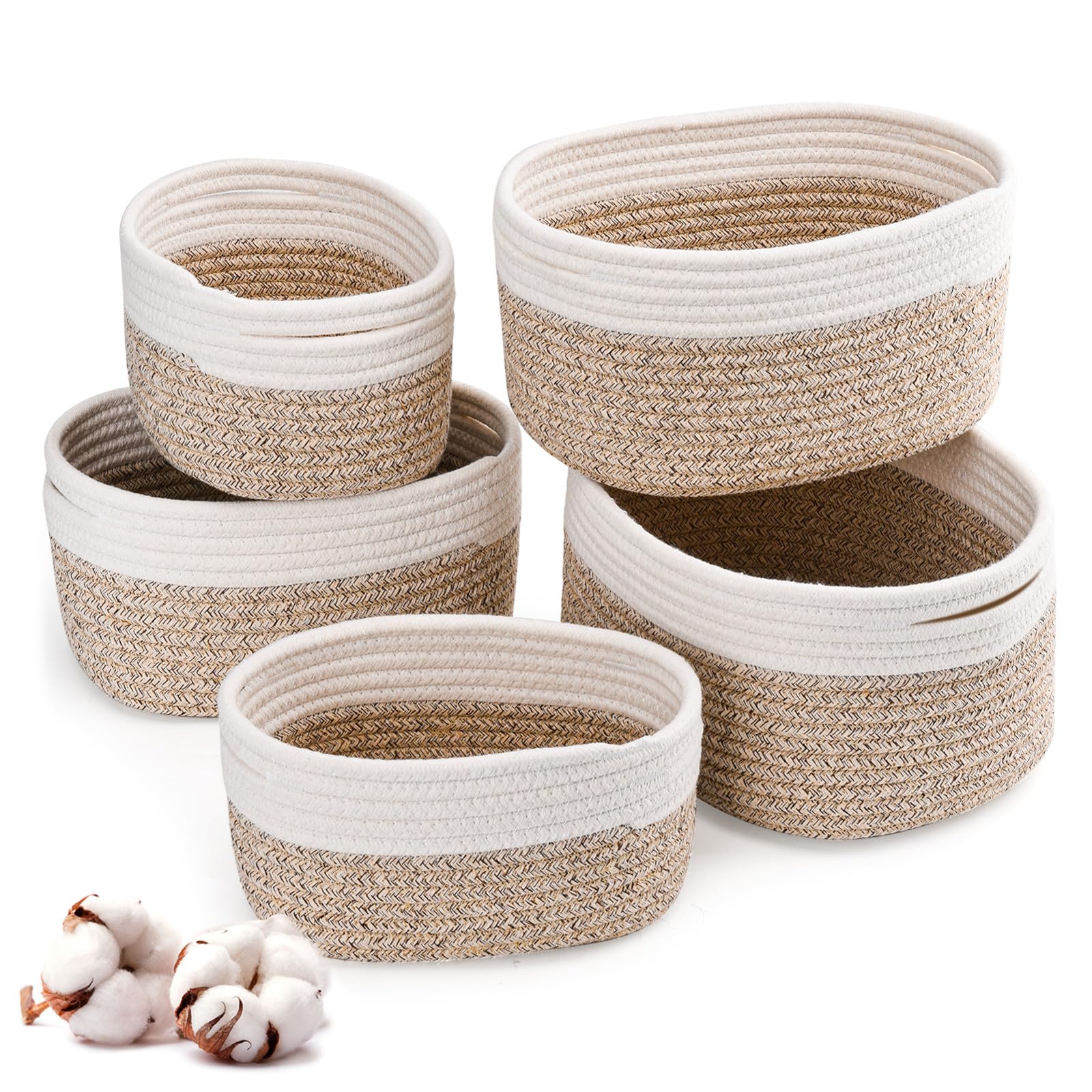 Lot de 5 petits paniers de rangement tissés en coton pour l'organisation, paniers de rangement pliables avec poignées pour le salon (blanc/marron)
