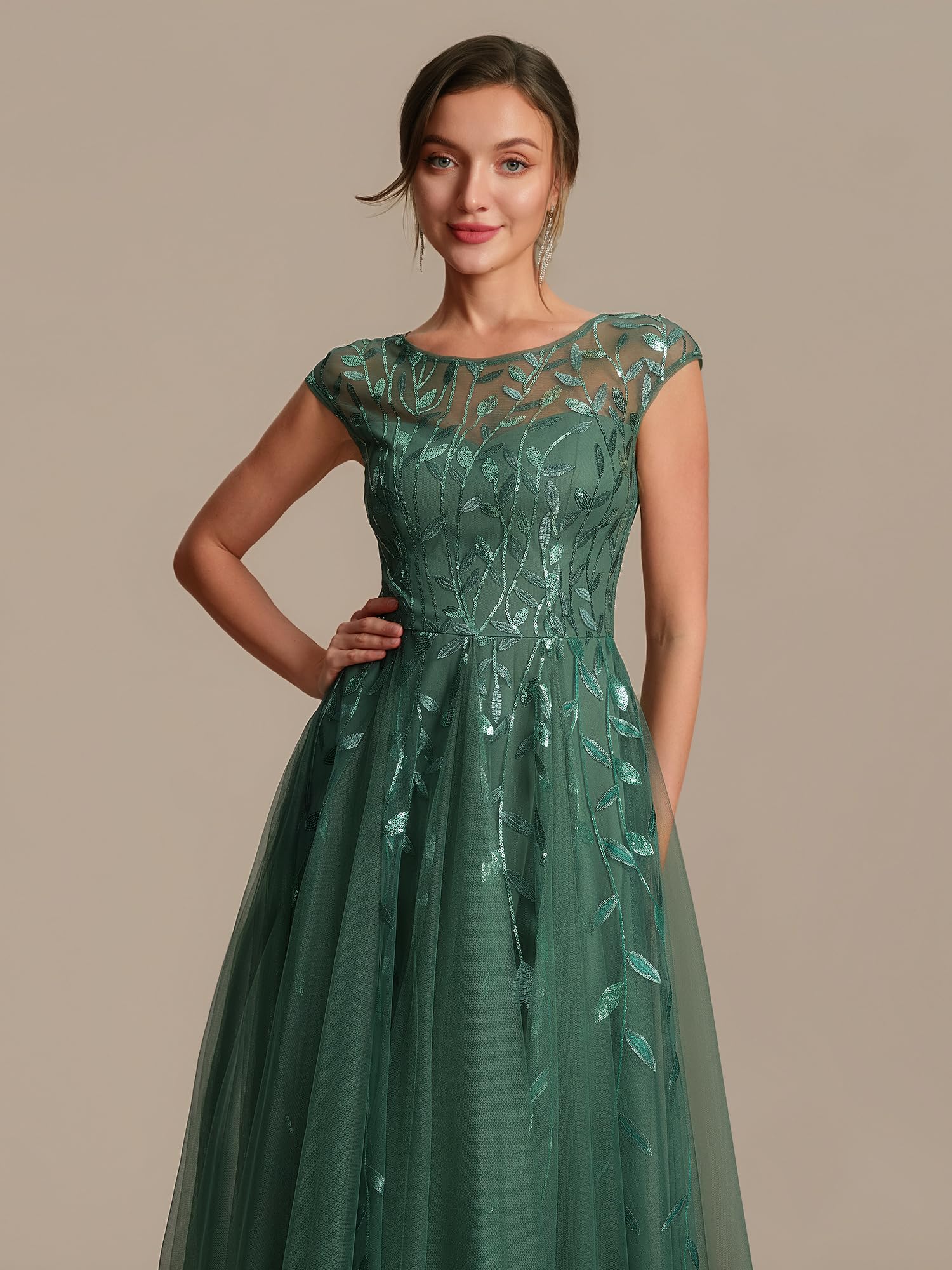 Ever-Pretty Vestito Donna Elegante Collo Rotondo Maniche Corte Paillente Midi Gonna Svasata EG02778