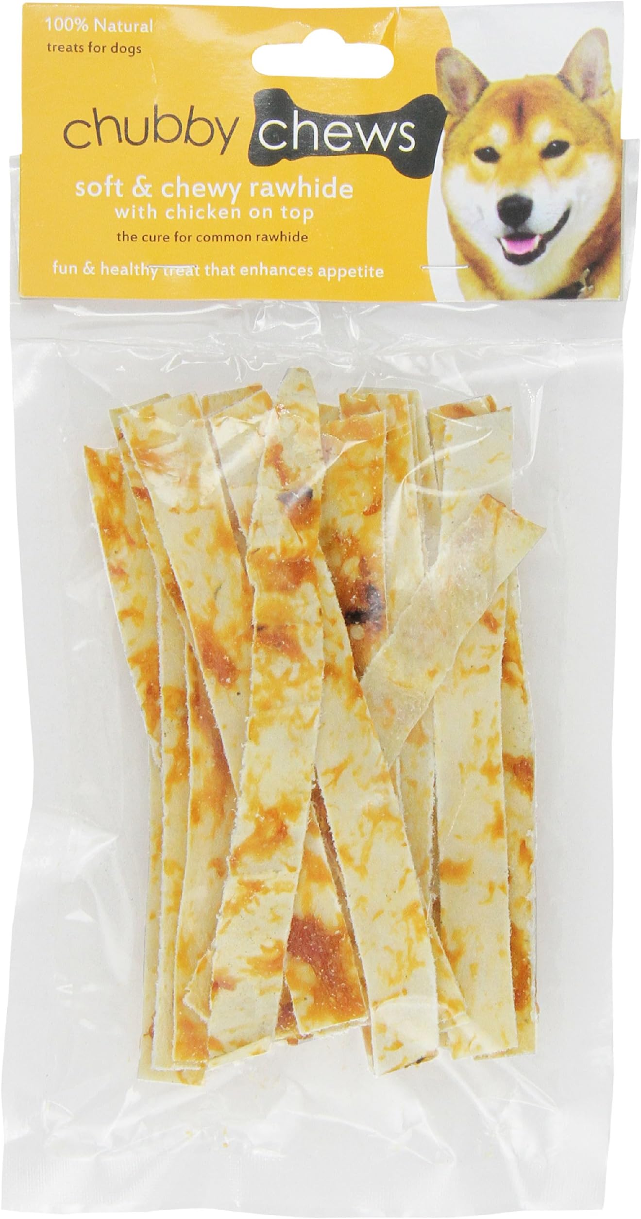 Chubby Chews Dry Rawhide Strip With Chicken On Top 5-Inch, 18-Piece Per Bag