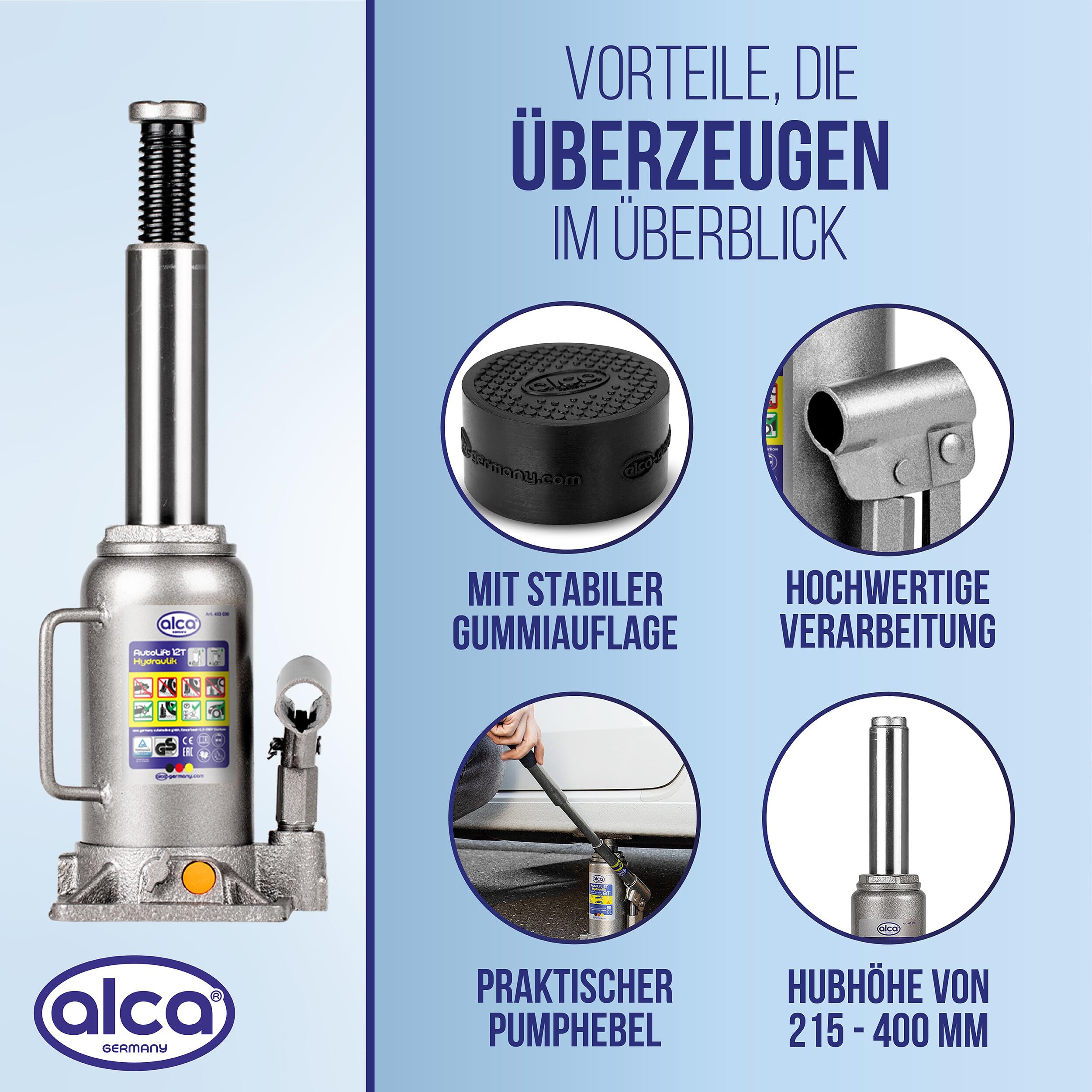 alca® hydraulischer Wagenheber 12t + Gummiauflage I Auto Unterstellheber Set, robust, TÜV & GS Zertifiziert, Doppelkolben, Verlängerungsschraube, Anti-Rutsch, schützt Unterboden, Hubhöhe 215–400 mm