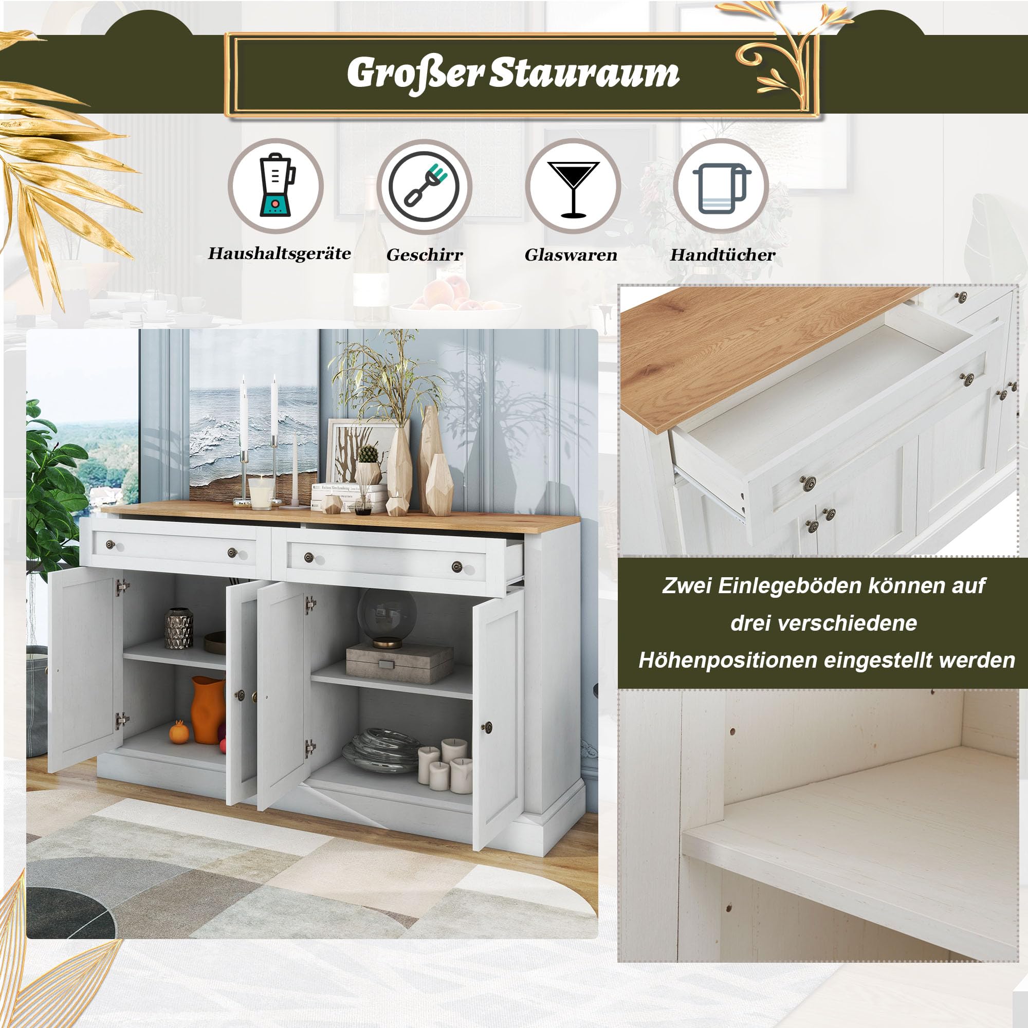 Azkoeesy Credenza con 4 ante e 2 cassetti, 150 x 40 x 86 cm, moderna cassettiera, Buffet, Mobile da cucina e soggiorno, Bianco antico/naturale