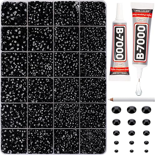 B7000 - Pegamento para joyería con 20100 piezas de diamantes de imitación negros con parte trasera plana para manualidades, gemas negras con