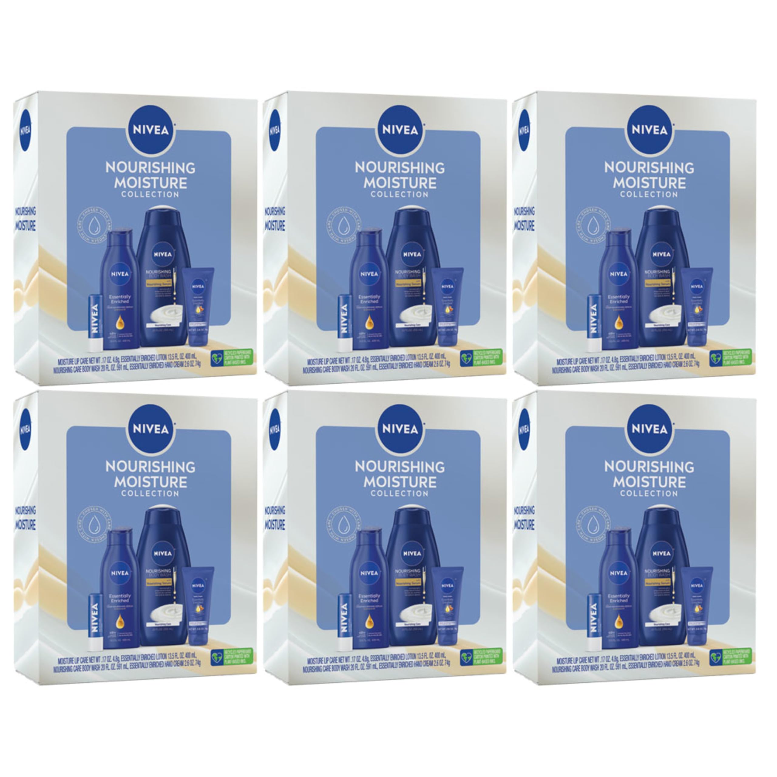 NIVEA Skin Care Set For Her, Nourishing Care Body Wash, Essentially Enriched Lotion, Essentially Enriched Hand Cream, & Moisture Lip Balm Stick with Shea Butter, 4 Piece Gift Set, Pack of 6