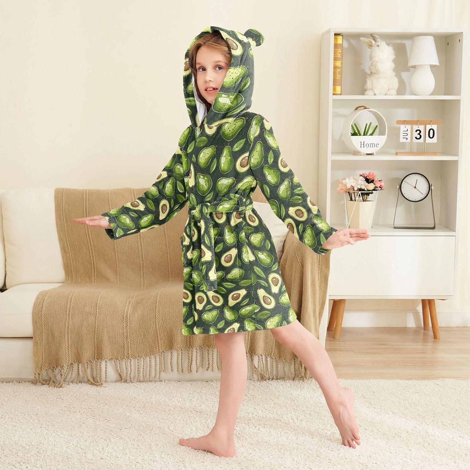 senya Avocado with Leaves Toddler Hooded Bathrobe Kids Soft Plush Bath Towel Robes for Boys Girls 2-12 Years