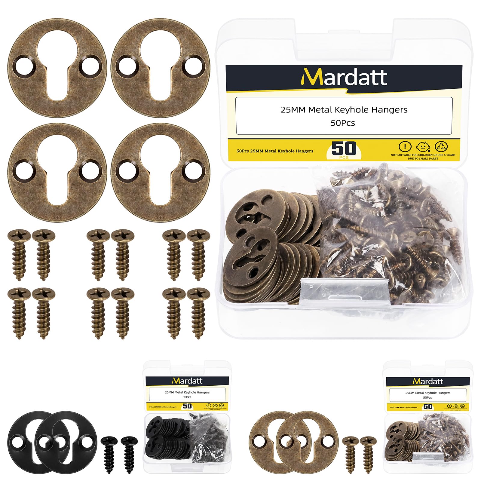 Mardatt 50 Set Metal Round Keyhole Hangers Kit, 25mm/1” Bonze Mirror Picture Frame Hanger, Single Keyhole Hanging Plate with Screw for Wall Mounting Coat Rack Picture Frame