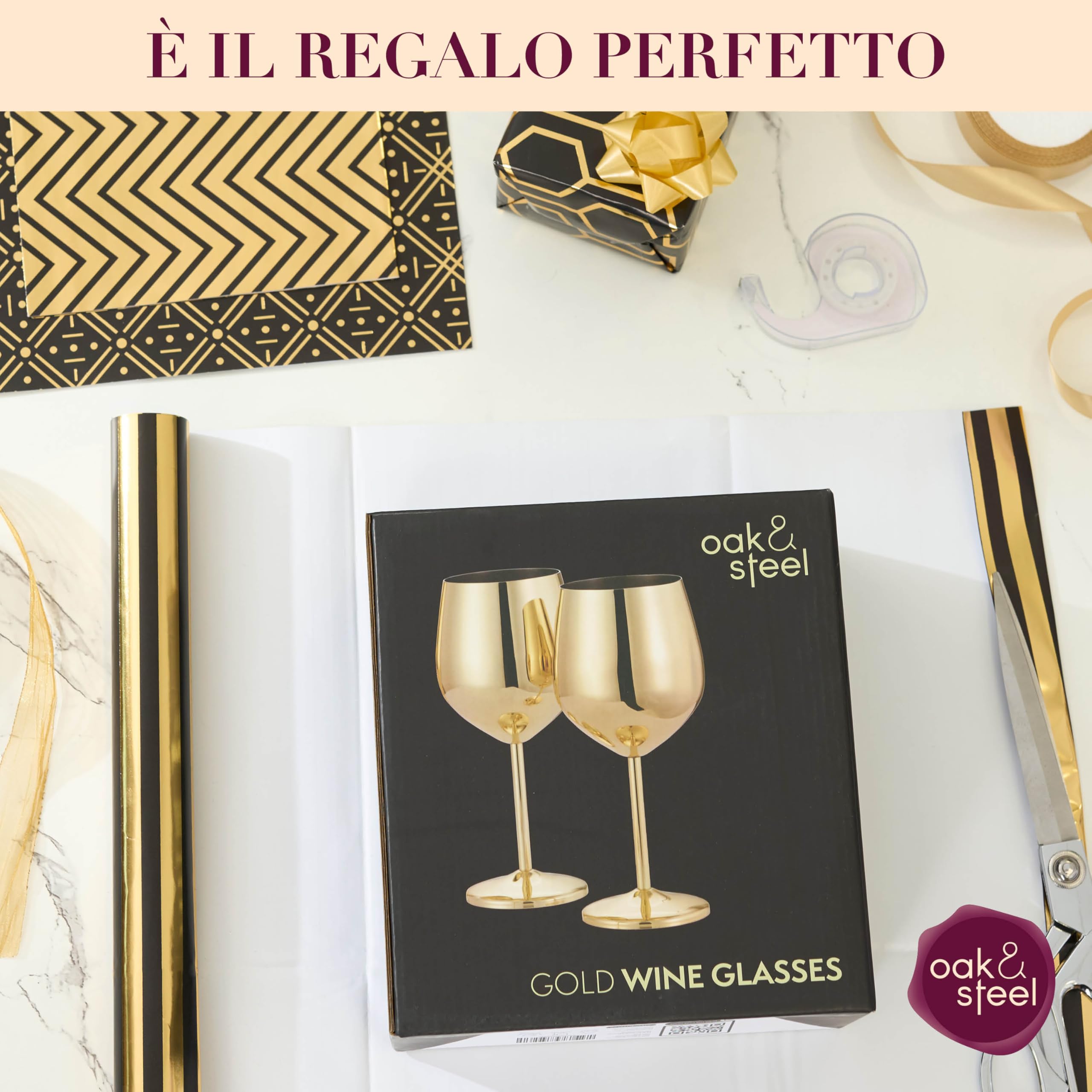 Oak And Steel - 2 Calici Da Vino In Oro, 520ml - Calici Da Vino In Acciaio Inox Con Scatola Regalo