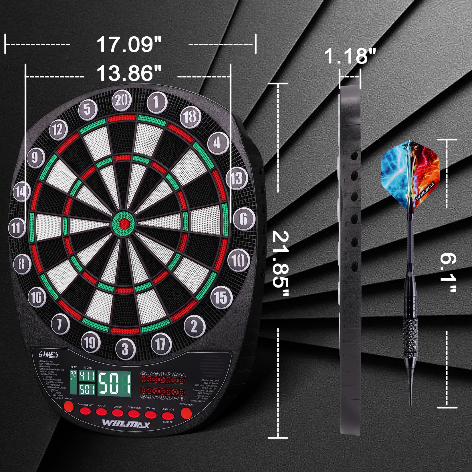 WIN.MAX Bersaglio elettronico per freccette con punta morbida, display a LED, 3 lingue con 12 freccette 100 punte adattatore di alimentazione