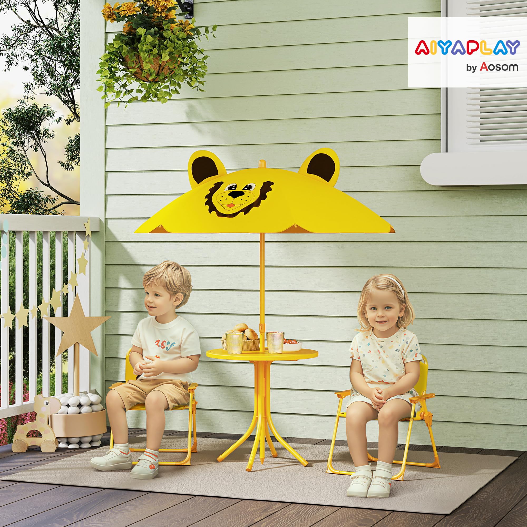 AIYAPLAY Salon de jardin pour enfant avec parasol réglable en hauteur et 2 chaises pliantes - Pour jardin, plage, jaune