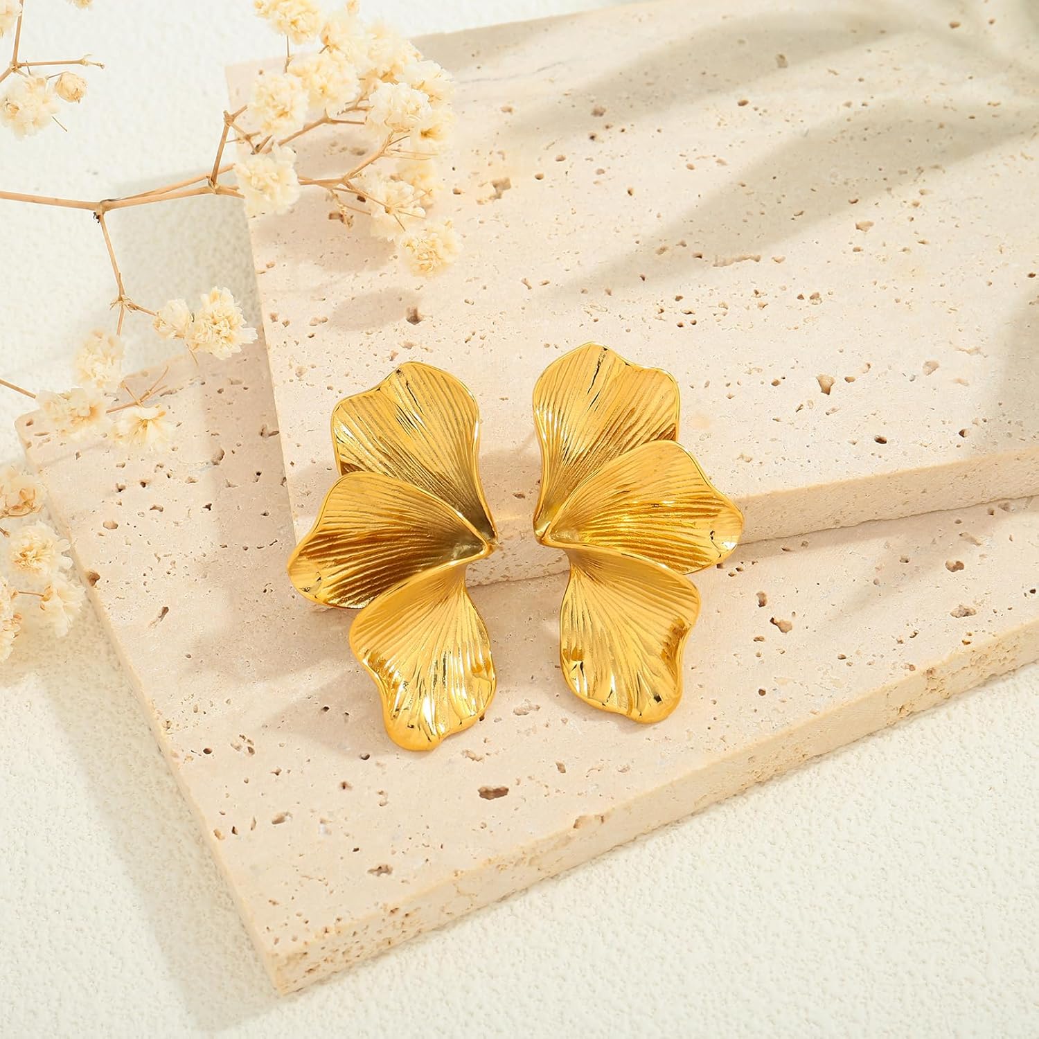 Trendy Floral Statement Earrings for Women – Large Gold Plated Leaf Flower Design Earring, Women Chunky Stud Earrings Hypoallergenic Lightweight Fashion Jewelry Gift for Her - Image 4