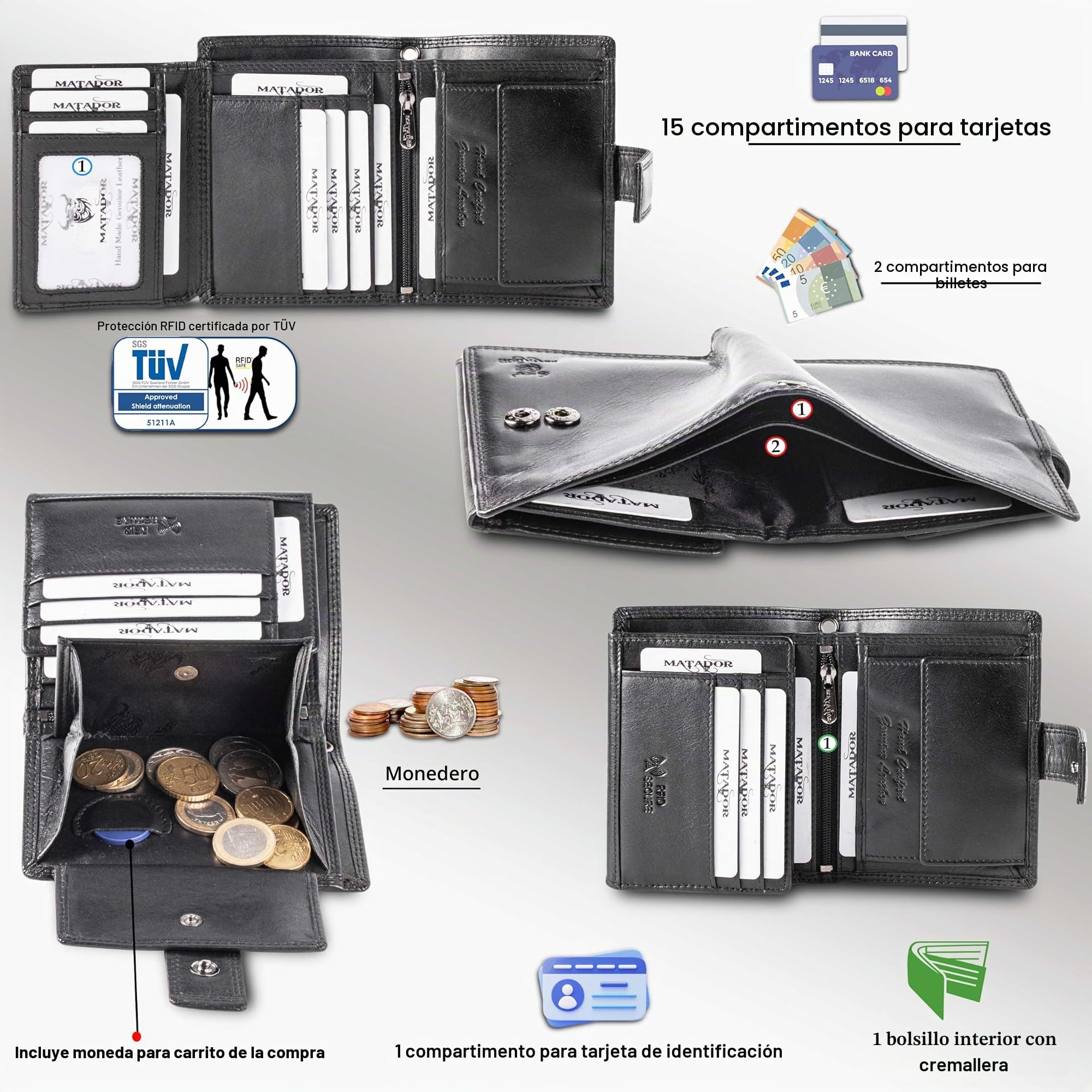 MATADOR® - Cartera para Motorista de Piel con Cadena certificada TÜV Protección RFID