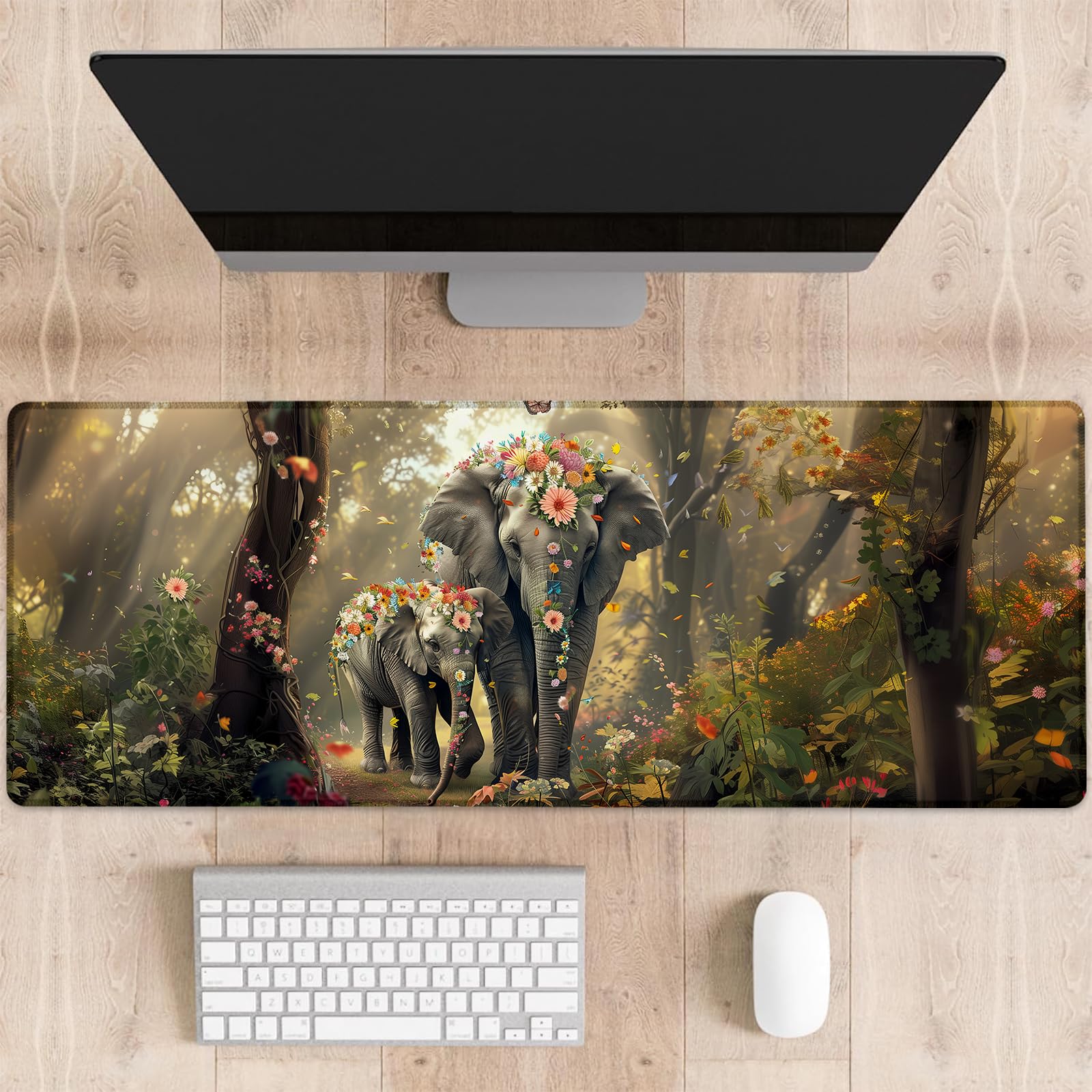 dhakalrlde Beautiful Elephant Gaming Mouse Pad, Gentle Wildlife and Floral Large Desk Mat for Computer, Extended Keyboard Laptop Mouse Pads 31.5×11.8in, Non Slip Rubber Mousepad for Office Decor