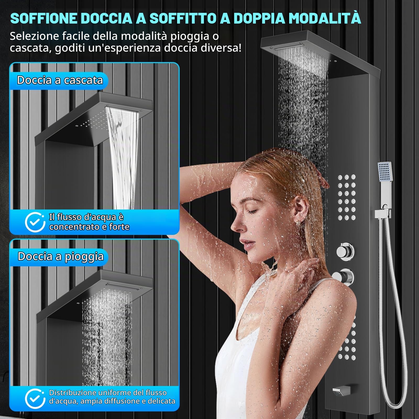 Sistema Pannello Doccia, 5 Modalità Doccia, colonna Nero, effetto pioggia, doccetta a mano, massaggio, cascata