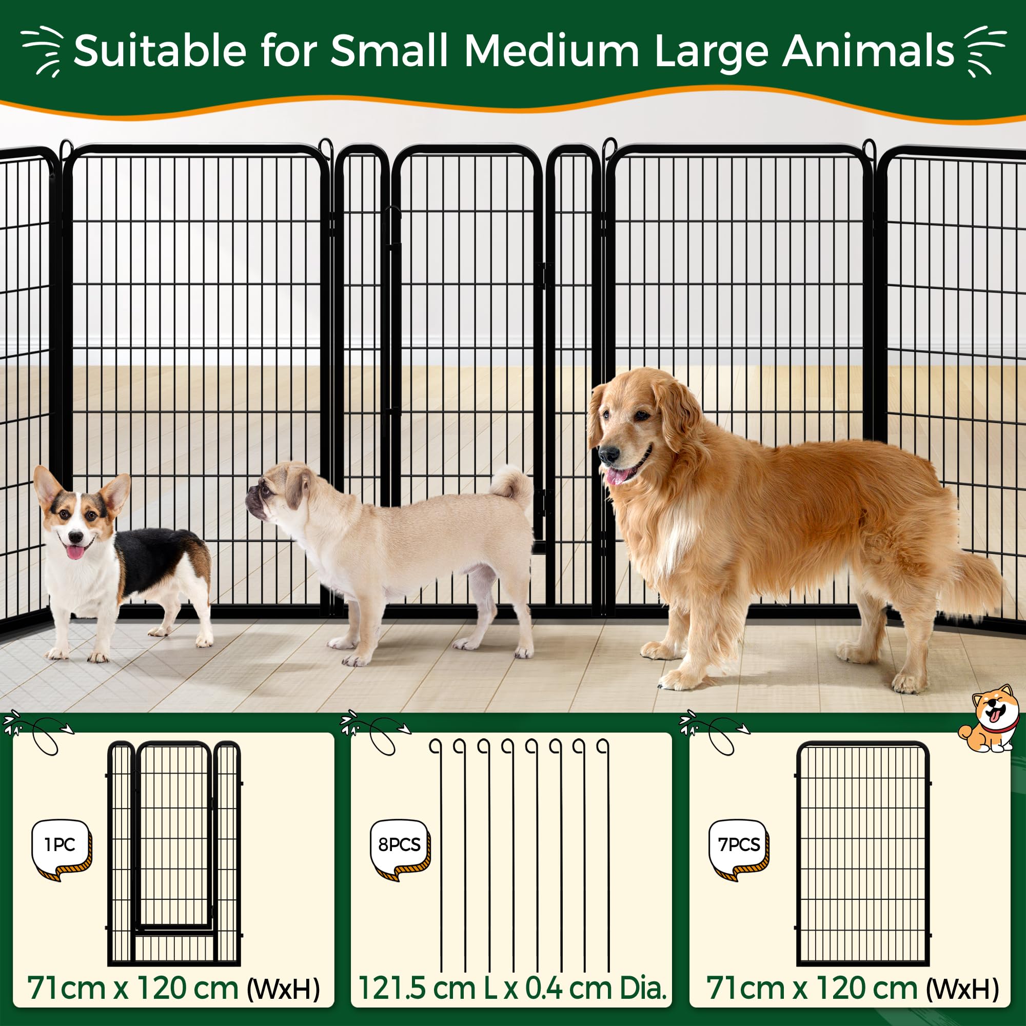 Abician Parc pour Chien 71 x 120 cm Enclos Parc 8 Panneaux avec Porte Noir | Clôture Pliable pour petit animal chien chiot lapin canard, Chenil en Métal, Barriere chien Panneaux intérieur/extérieur