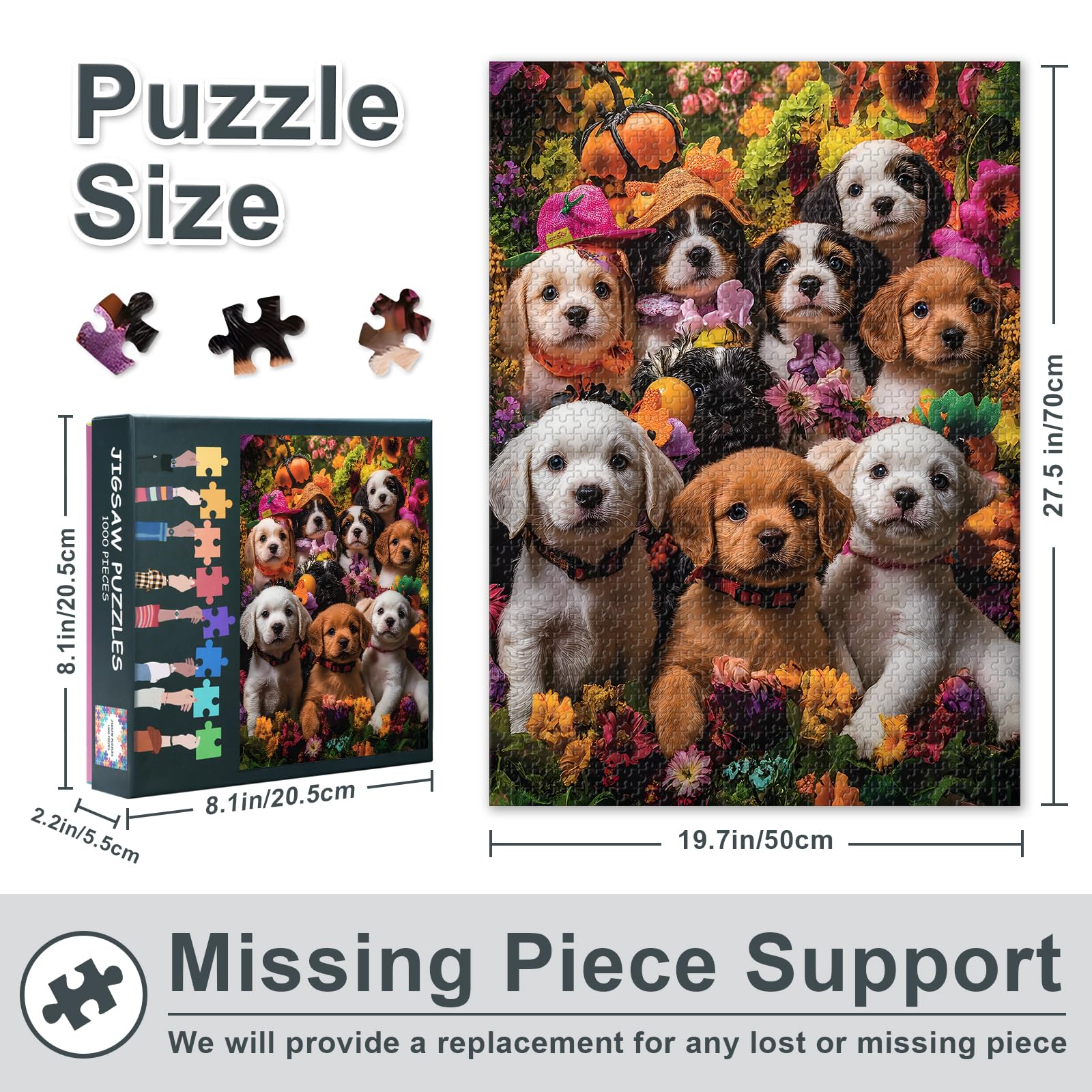 Cute Puppies Jigsaw Puzzles 1000 Pieces Impossible Challenge Puppy Jigsaw Puzzle for Adults Dogs and Colorful Flowers and Pumpkin Puzzles as Gift for Family Friends 27.5"X19.7" - Image 3