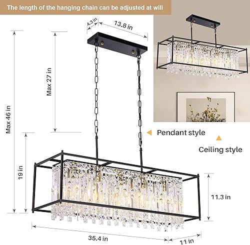 Miniatura 2 de Candelabros de cristal para comedor, lámpara negra moderna para sala de estar, altura ajustable, lámpara colgante de 5 luces, iluminación
