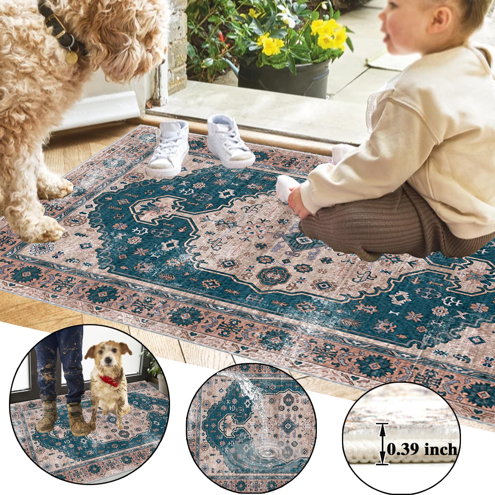 Teppich Läufer Flur Küchenteppich Waschbar rutschfest Küchenläufer 120 x 450 cm Küche Teppich Läufer Fußmatte Teppichläufer Flurteppich für Eingang Flur Küche Schlafzimmer Wohnzimmer Teppiche Runner