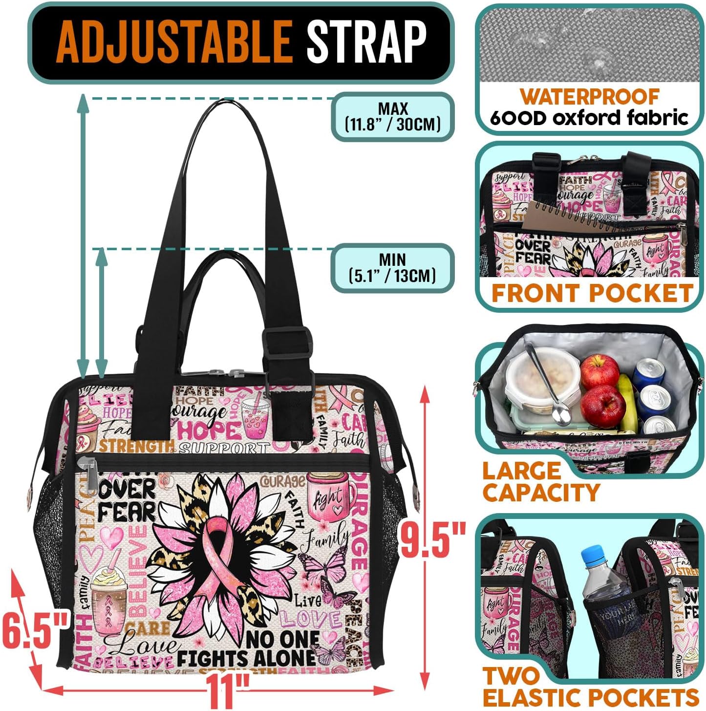 84hoods Breast Cancer Awareness Gift. Large Lunch Box for Women. Insulated Lunch Bag for Work Office Travel Picnic with Adjustable Strap. Support for Survivor, Fighter. Pink Typography.