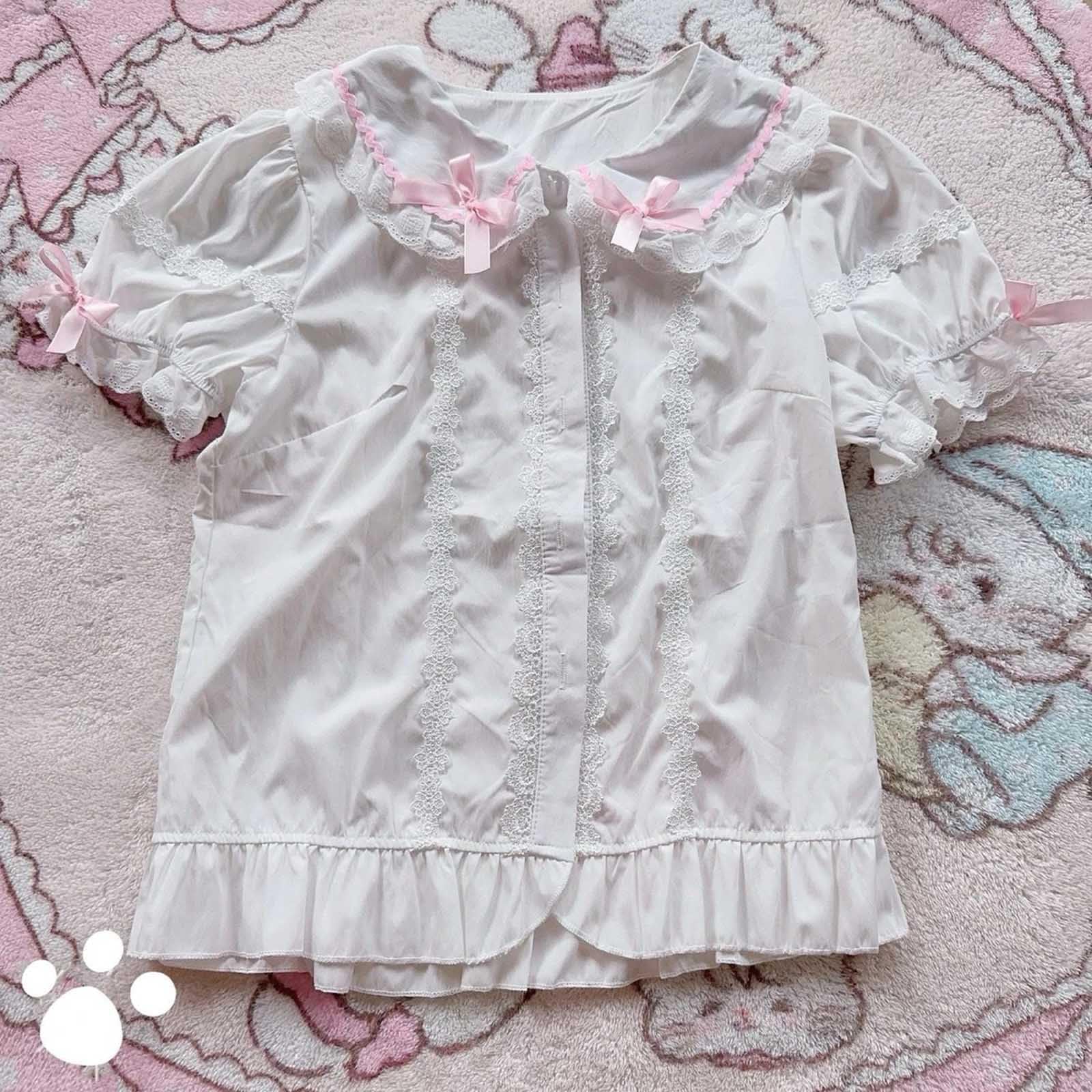 Chemisier Lolita pour femme avec col Peter Pan boutonné, style victorien, vintage, kawaii, tendance, haut d'été à manches courtes
